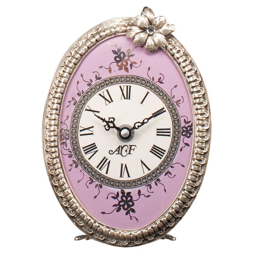 21st Century, Violet Porcelain and Silver Bronze Table Clock For Sale