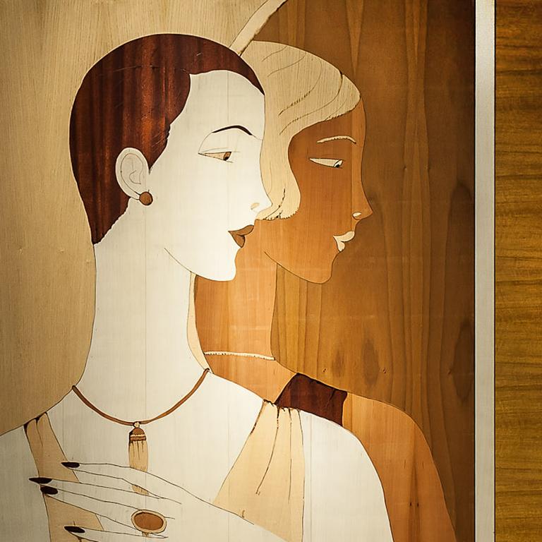 Struttura in legno intarsiato e metallo in voga nel XXI secolo, realizzata in Italia da Hebanon.

Caratteristiche:
Struttura intarsiata in diversi Wood e preziosi dettagli in madreperla, ispirata alle illustrazioni di Vogue degli anni '30 e