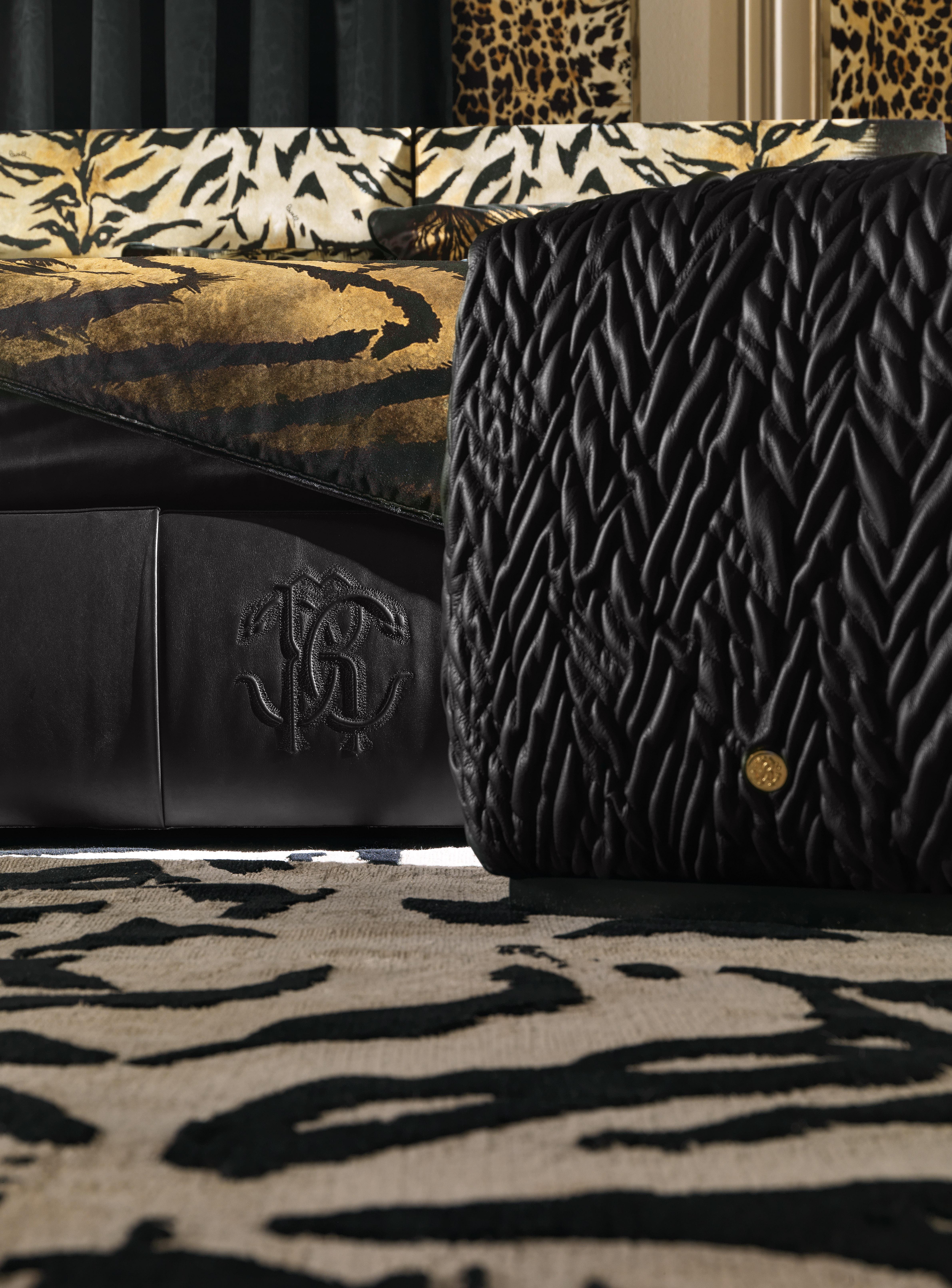 Italian 21st Century Waddi Pouf in Black Leather by Roberto Cavalli Home Interiors For Sale