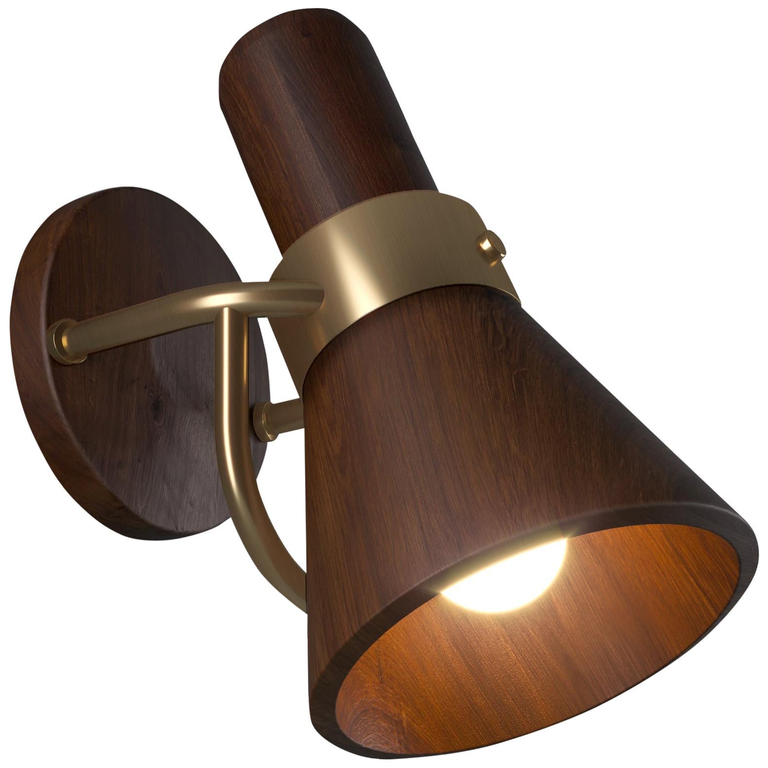 21st Century Walnut Wood Humphry Wall Lamp Brass For Sale