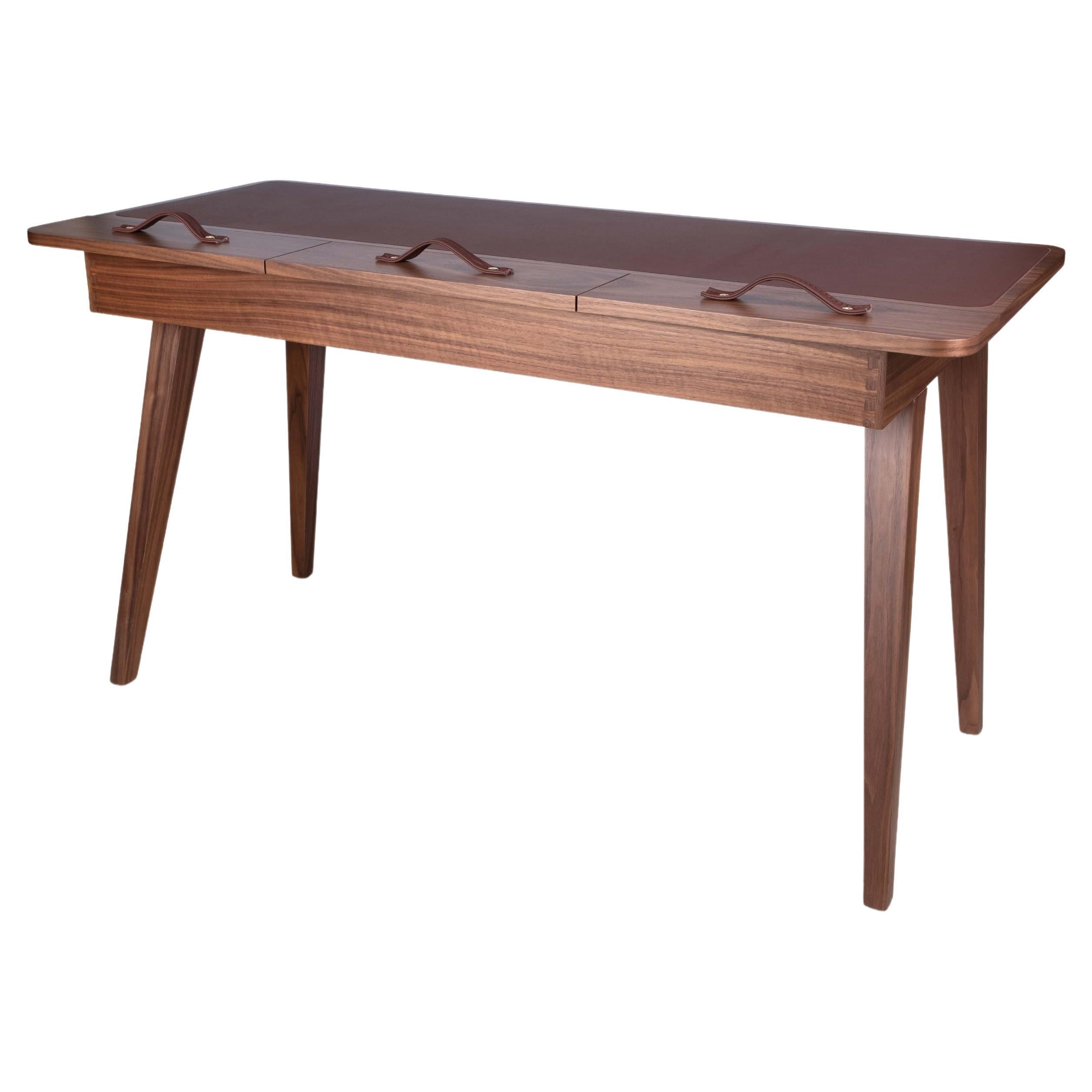 21st Century Walnut Wood Kipling Desk Leather Brass For Sale