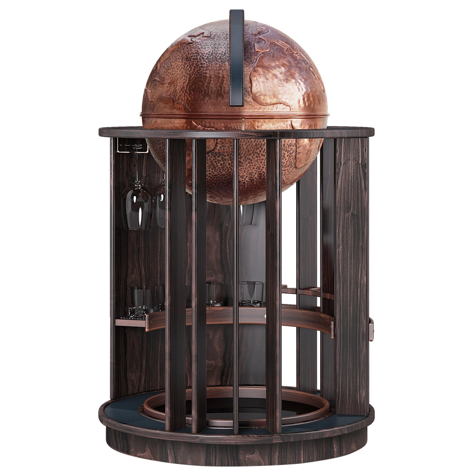 21st Century Walnut Wood Martin Globe Bar Aged Copper Globe