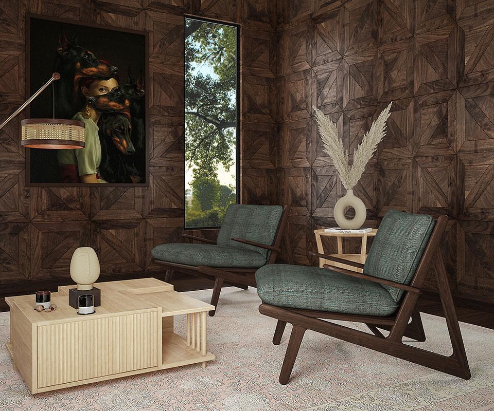 21st Century Walnut Wood Moore Armchair Linen For Sale 1