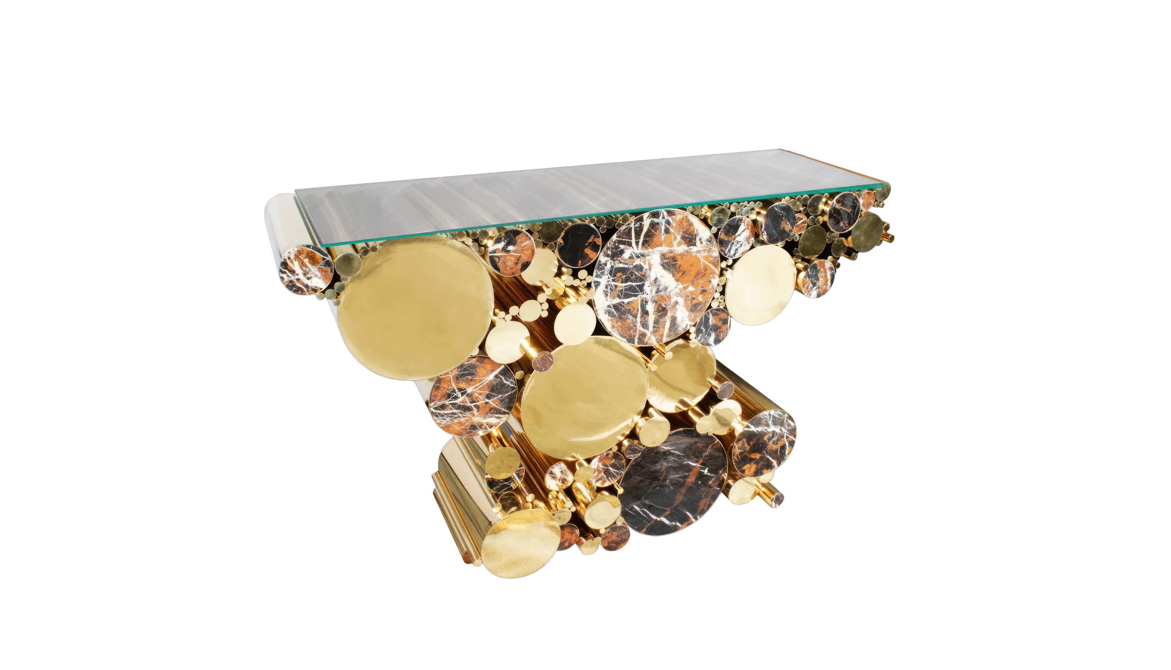 Contemporary 21st Century Wanderlust Console Polished Brass Marble Details For Sale