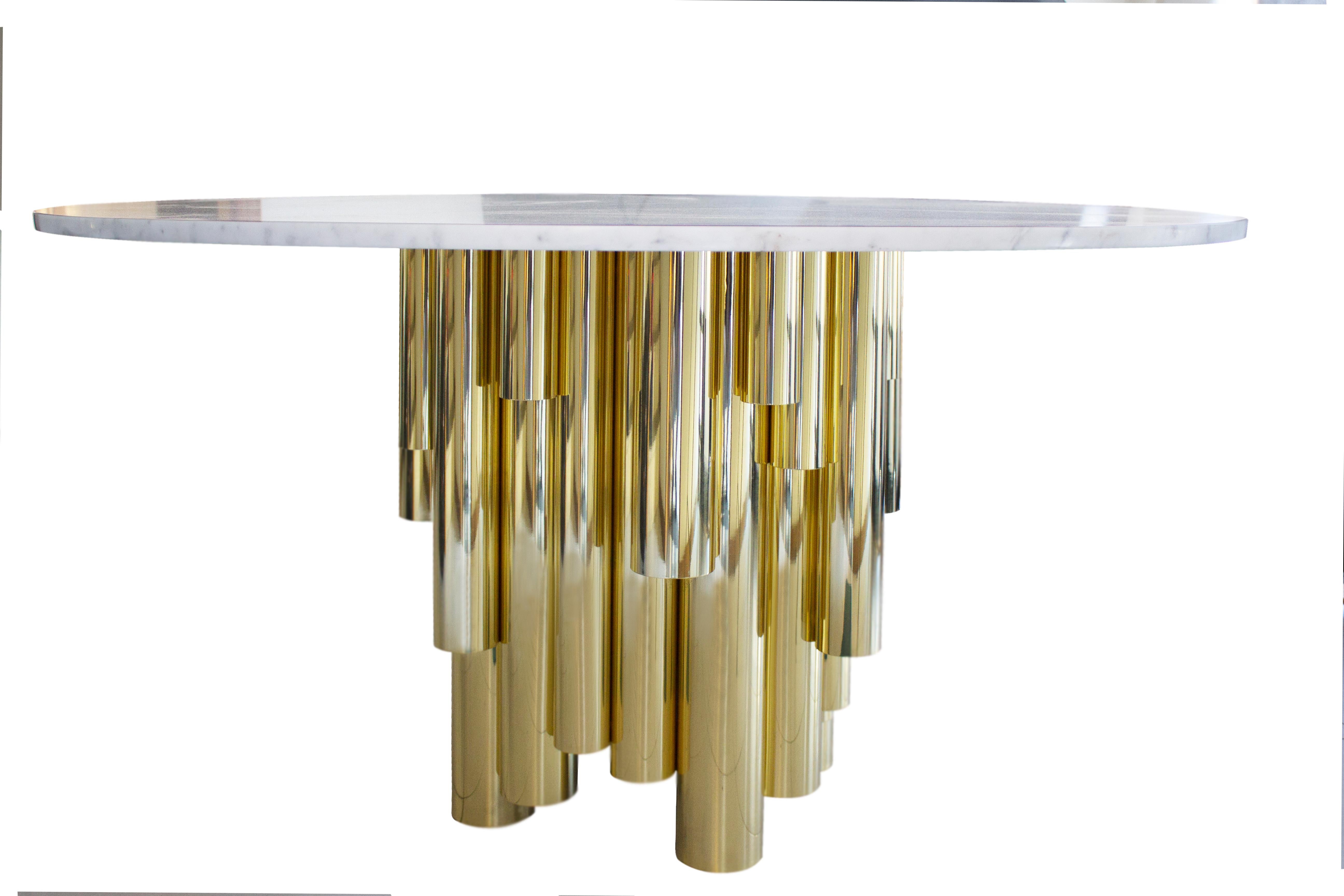 Portuguese 21st Century Wanderlust II Dining Table Carrara Marble Polished Brass Pipes For Sale