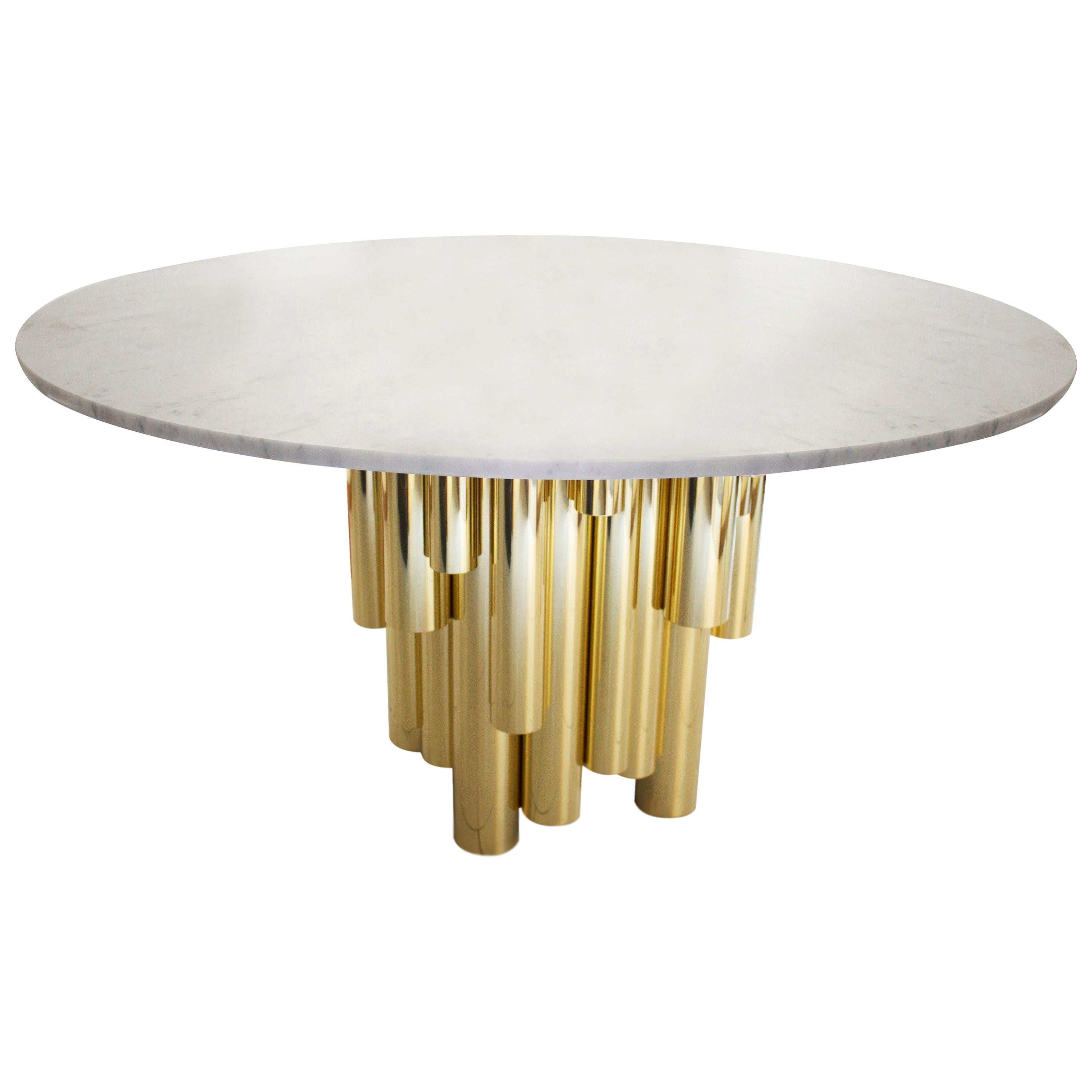 21st Century Wanderlust II Dining Table Carrara Marble Polished Brass Pipes