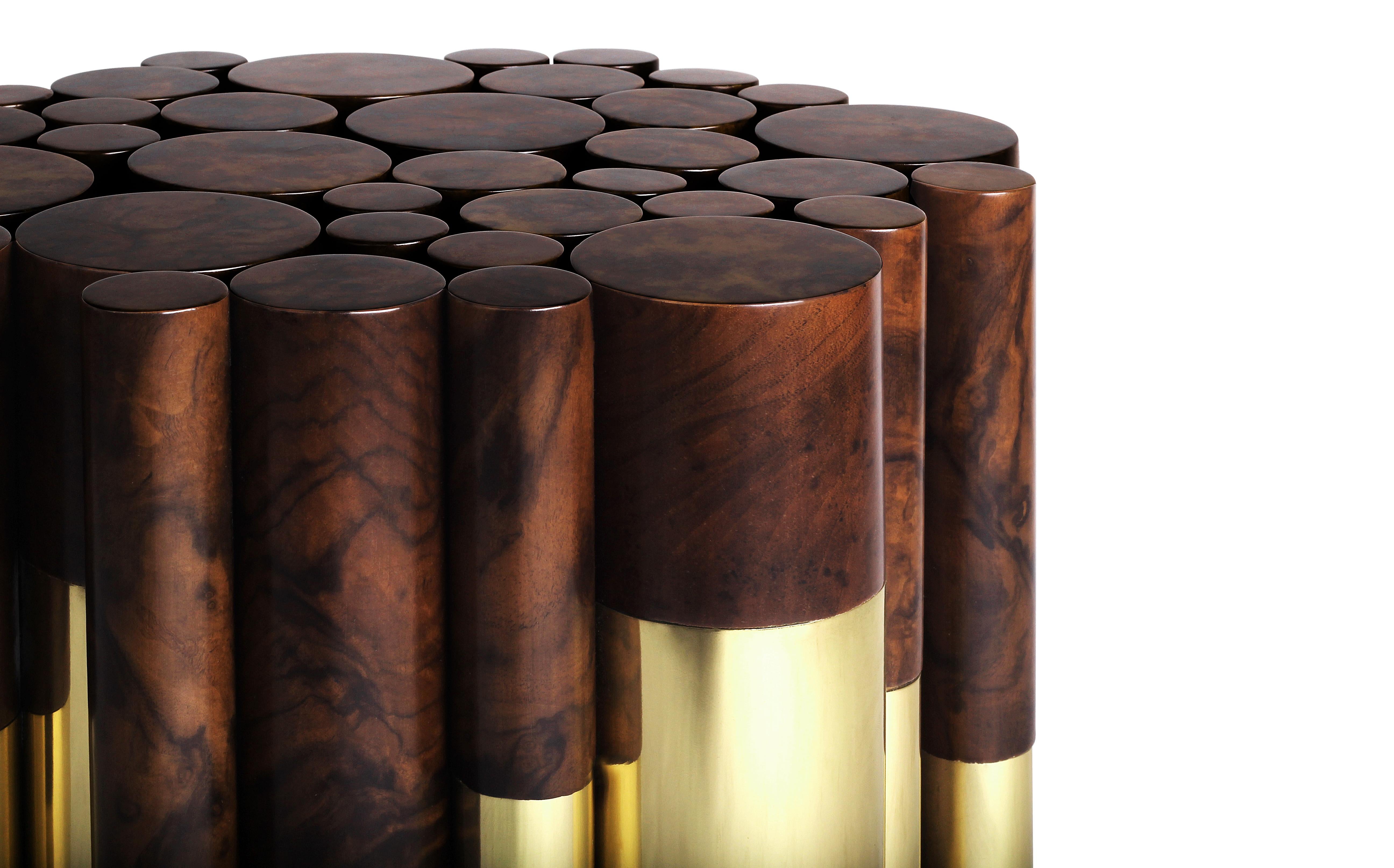 Portuguese 21st Century Wanderlust Side Table Polished Brass Walnut Root Pipes For Sale