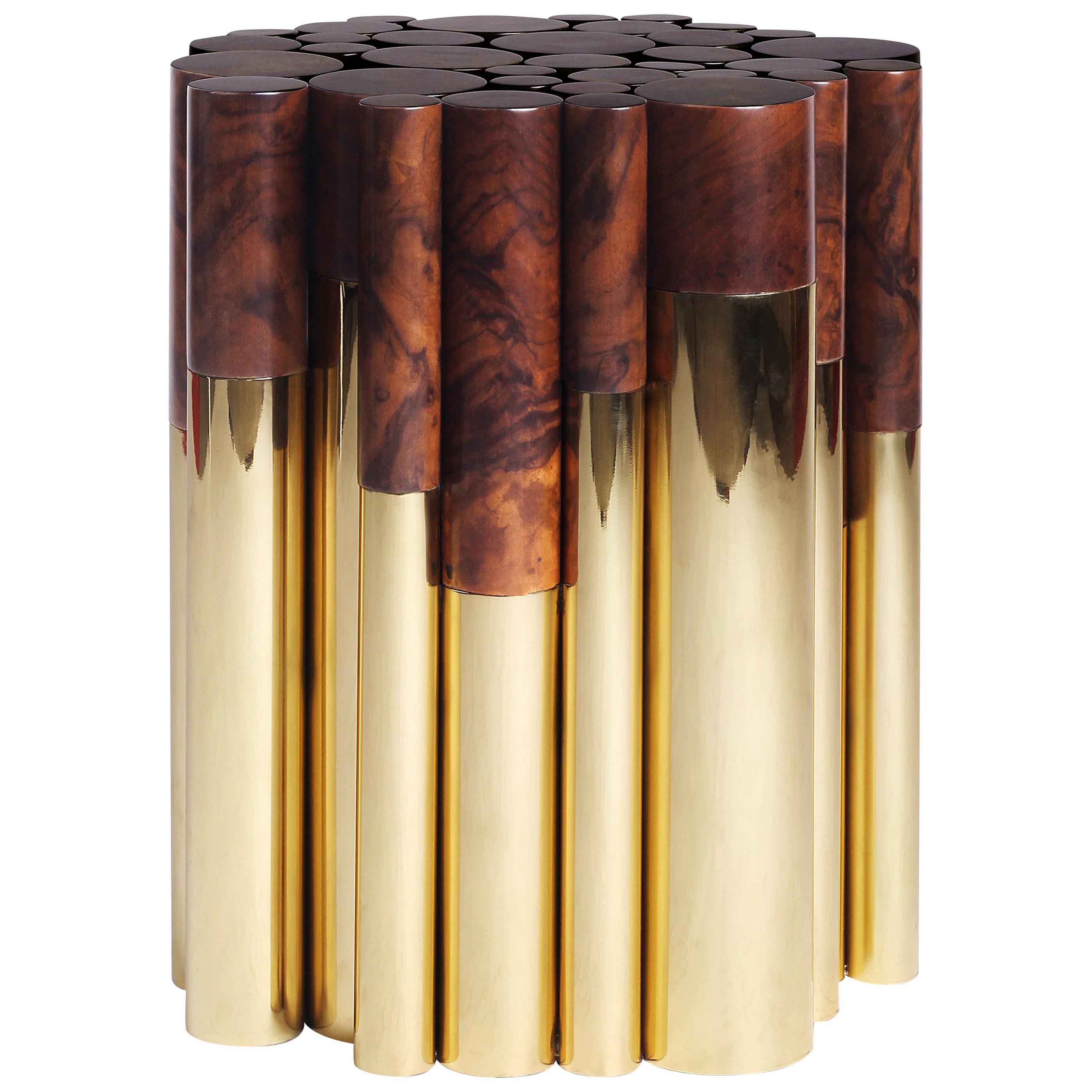 21st Century Wanderlust Side Table Polished Brass Walnut Root Pipes For Sale
