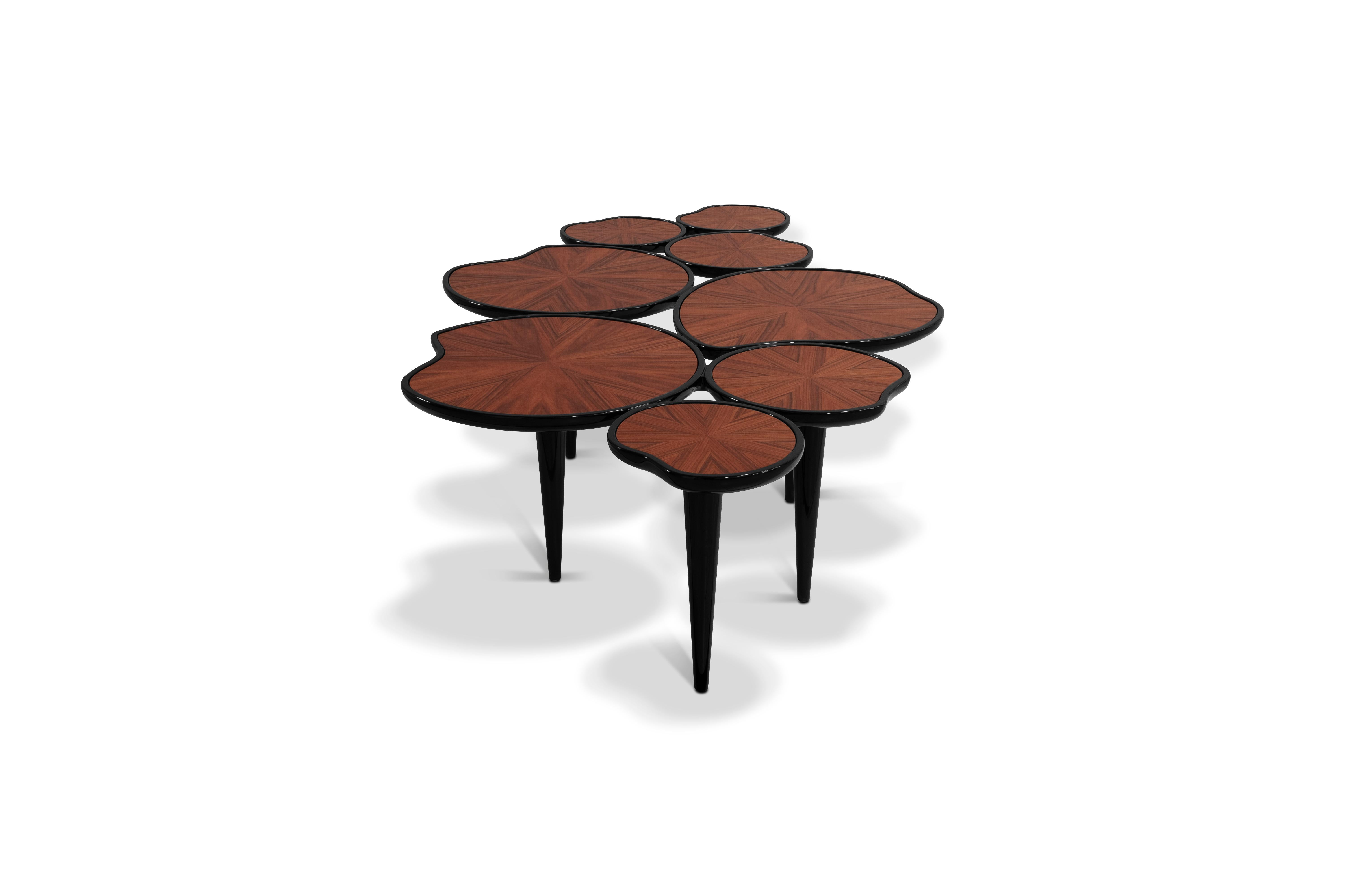 Portuguese 21st Century Waterlily Center Table Walnut Wood Lacquered Legs For Sale