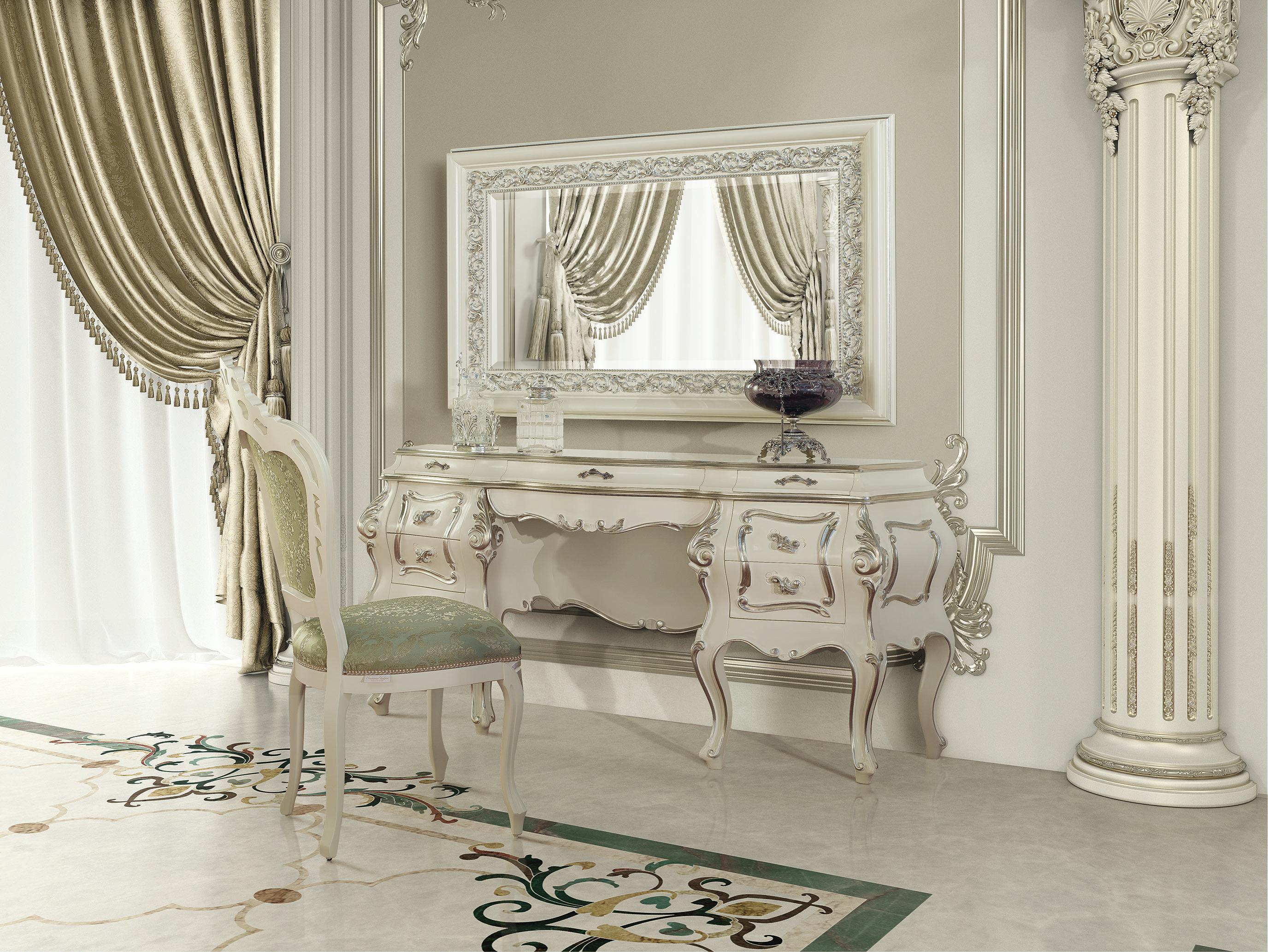 Scrolled baroque legs elegant and majestic vanity unit with silver-leaf detailed carvings on edges (with friezes) and panels. Wonderfully designed knobs and shape. Modenese Gastone Luxury, Italian brand, can also act as a partner for your interior