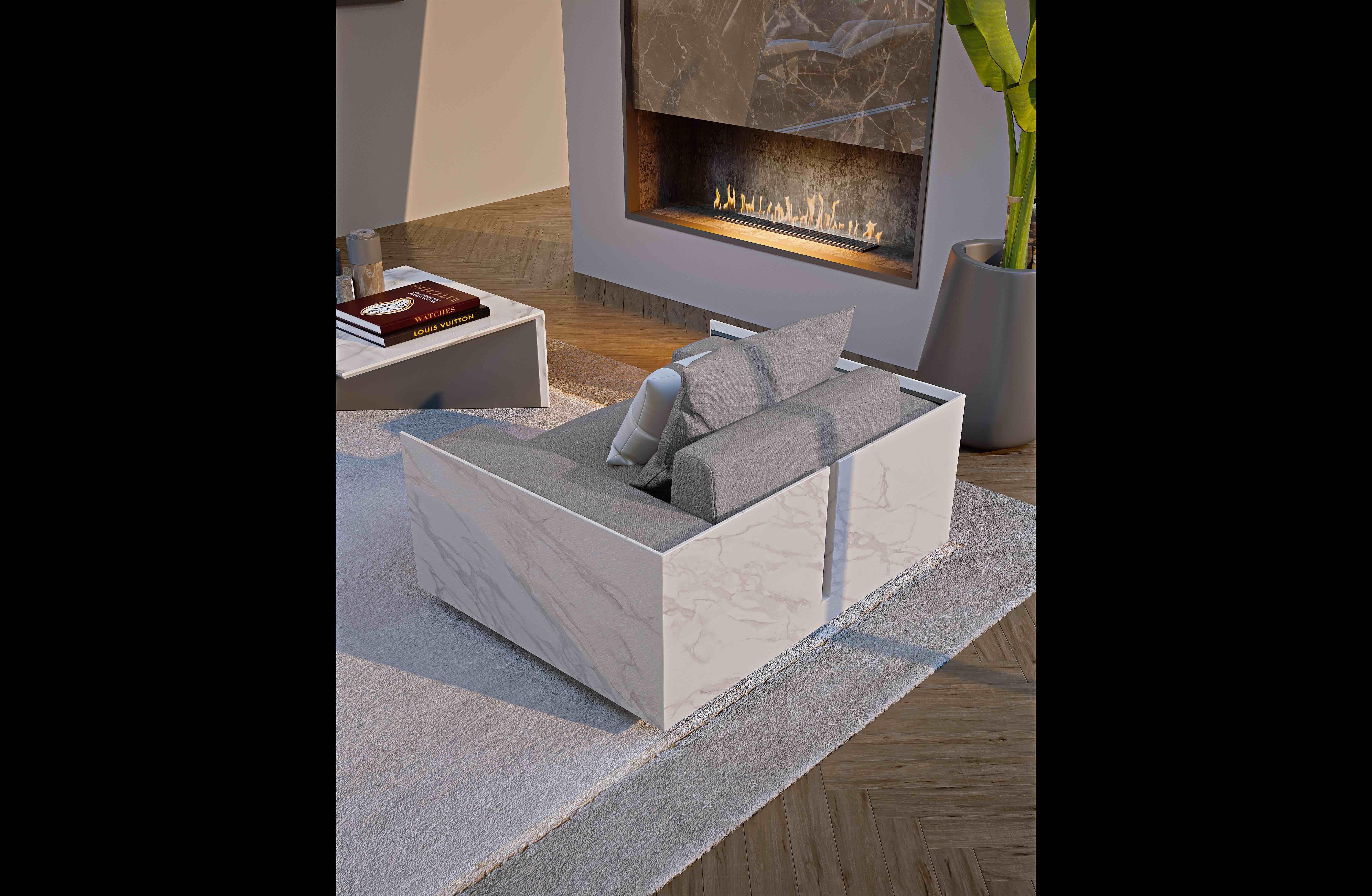 Italian 21st Century White Carrara Marble CUBIC-A Outdoor Armchair, Gallery stock For Sale