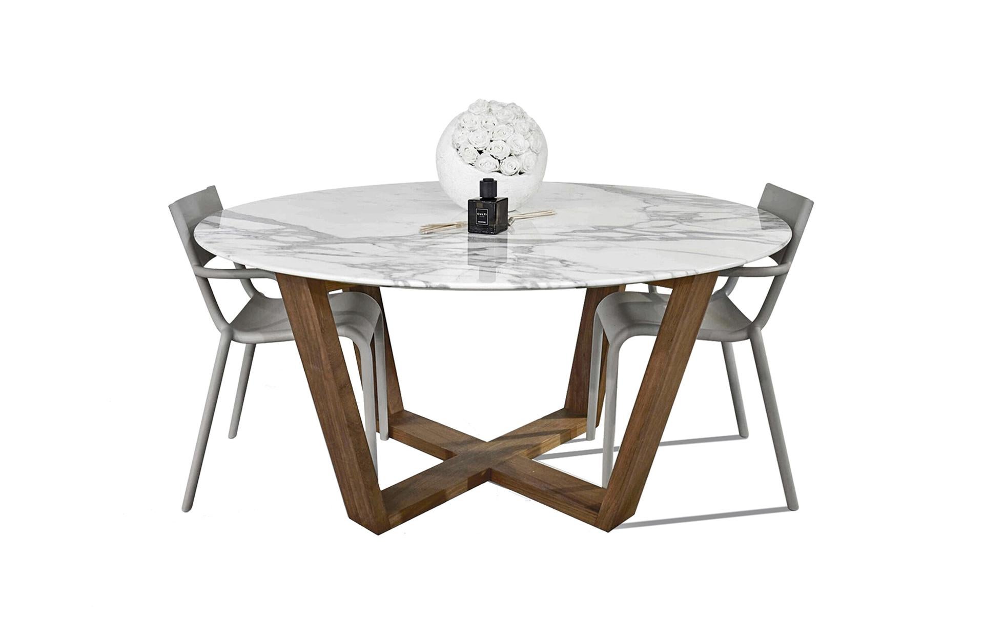 Italian 21st Century White Carrara Marble Teakwood Round Basket Outdoor Dining Table For Sale
