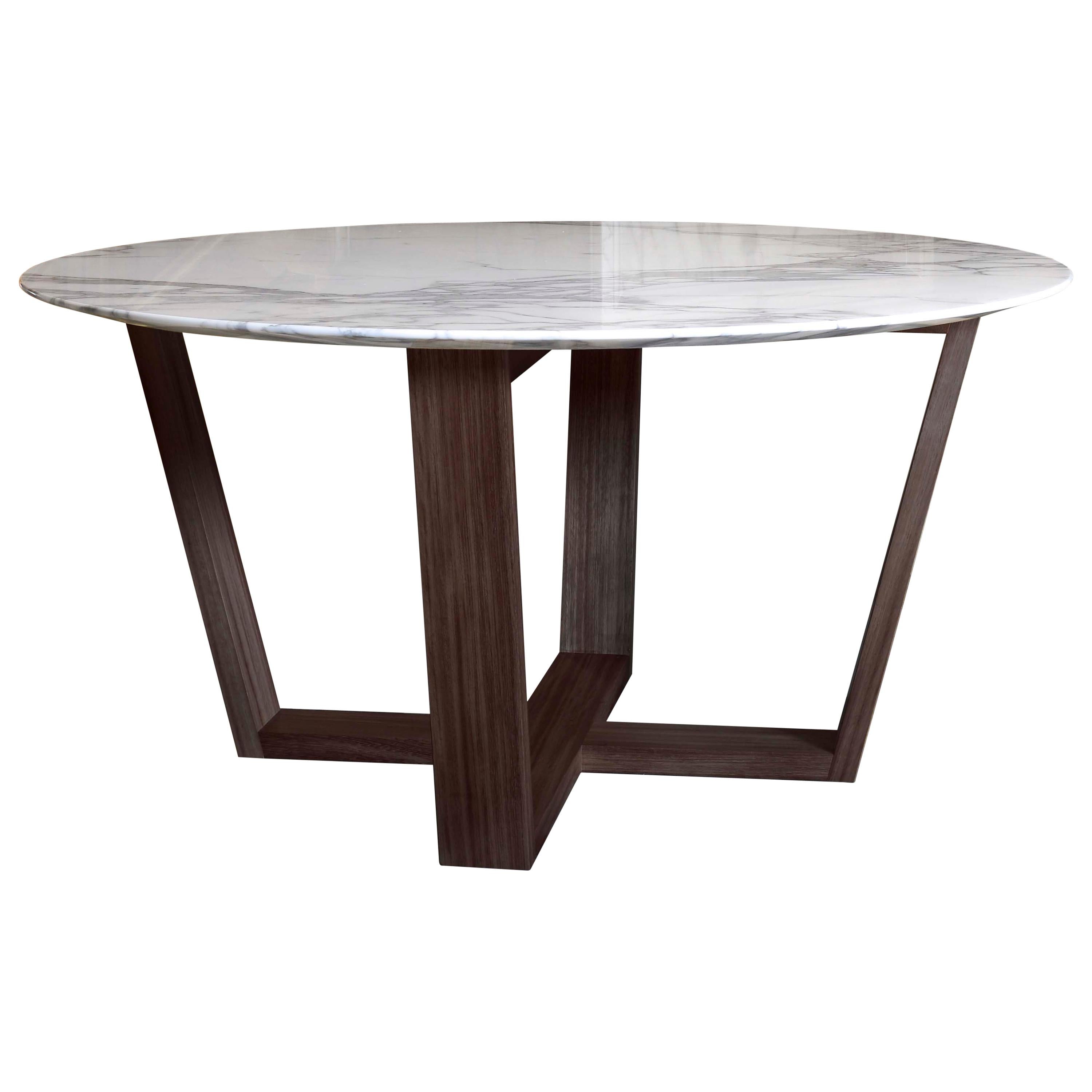 21st Century White Carrara Marble Teakwood Round Basket Outdoor Dining Table For Sale