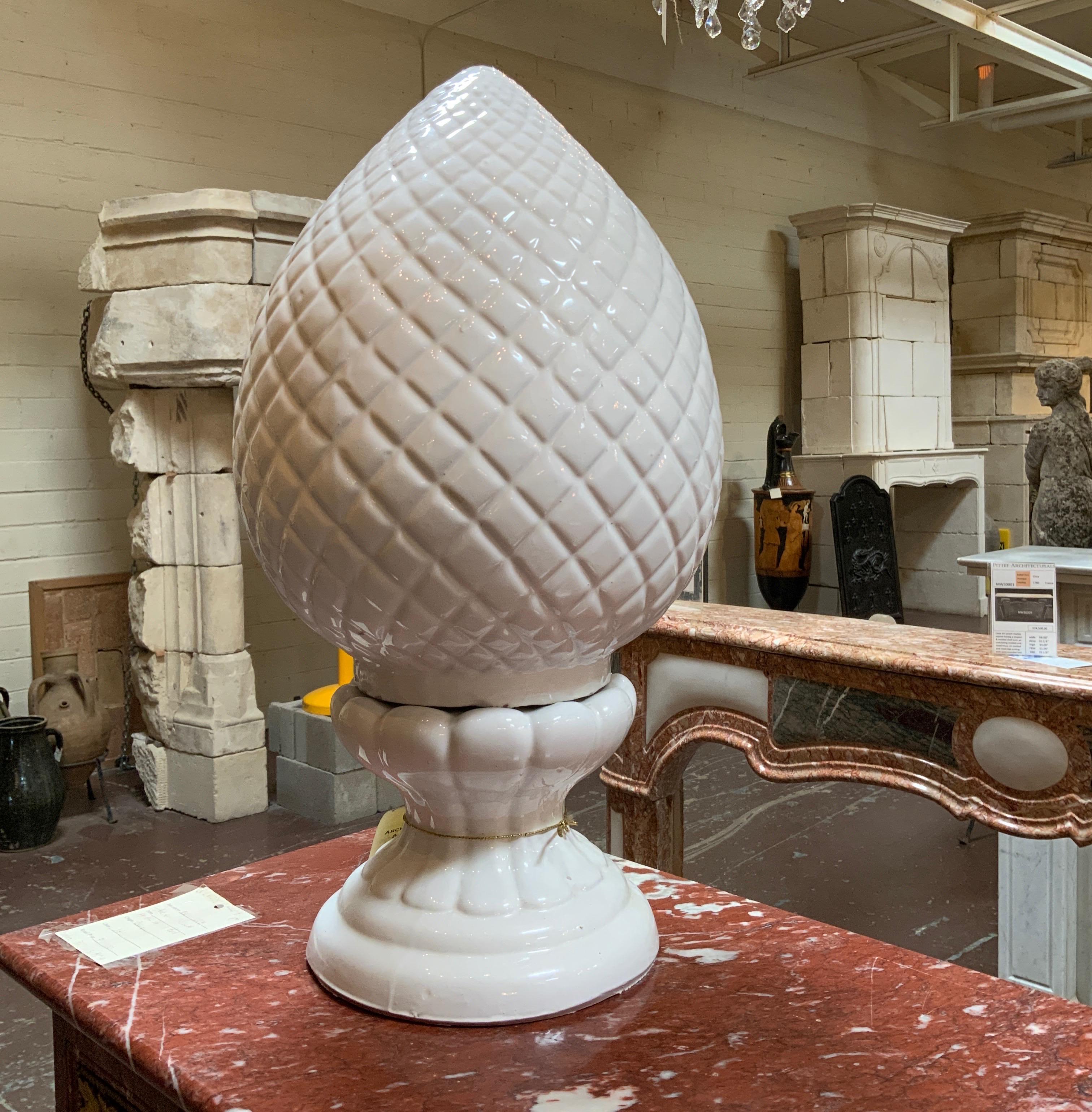 French 21st Century White Glazed Acorn Finial For Sale