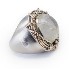 21st Century White Yellow Gold Cocktail Ring Nest Rutilated Quartz