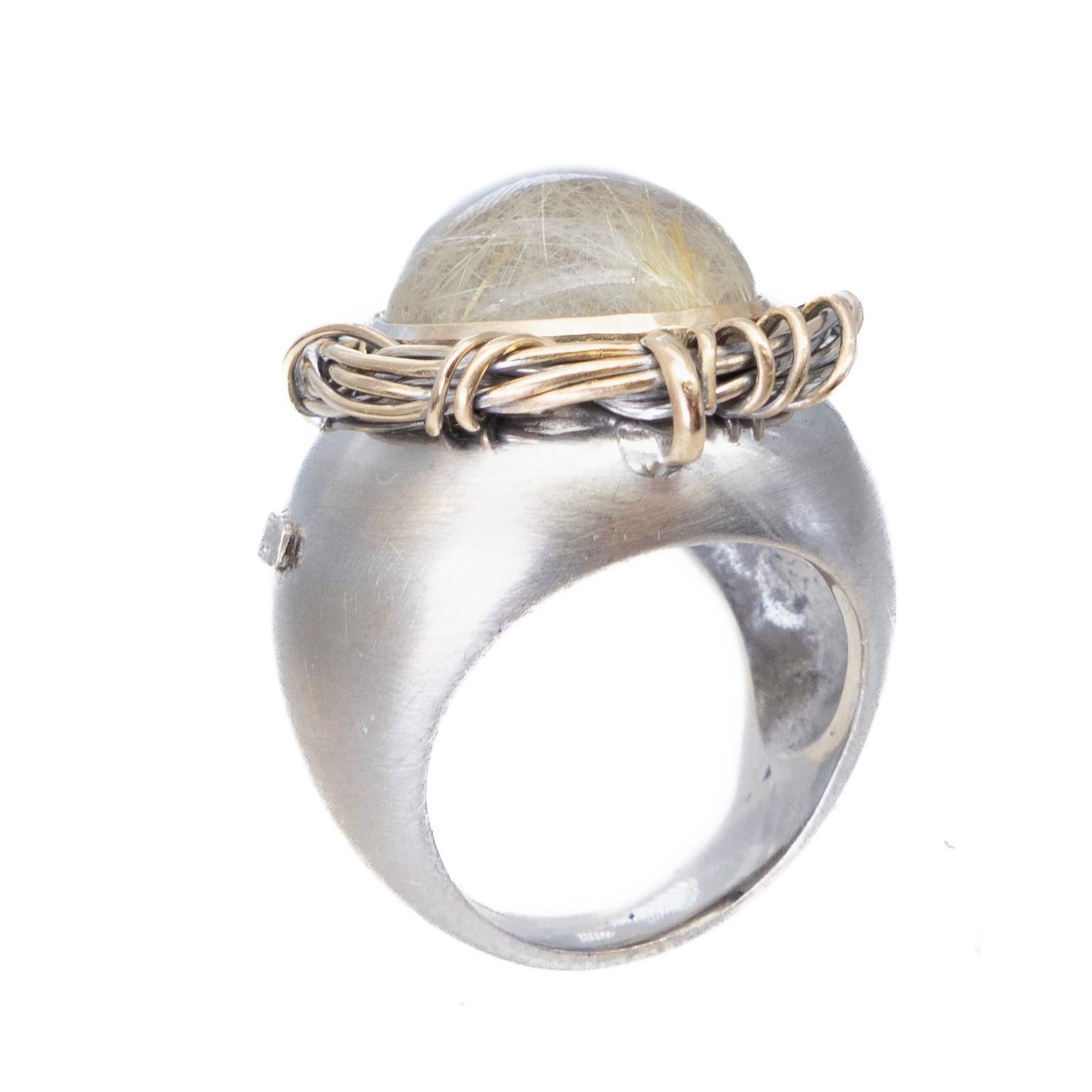 Modern 21st Century White Yellow Gold Cocktail Ring Nest Rutilated Quartz For Sale