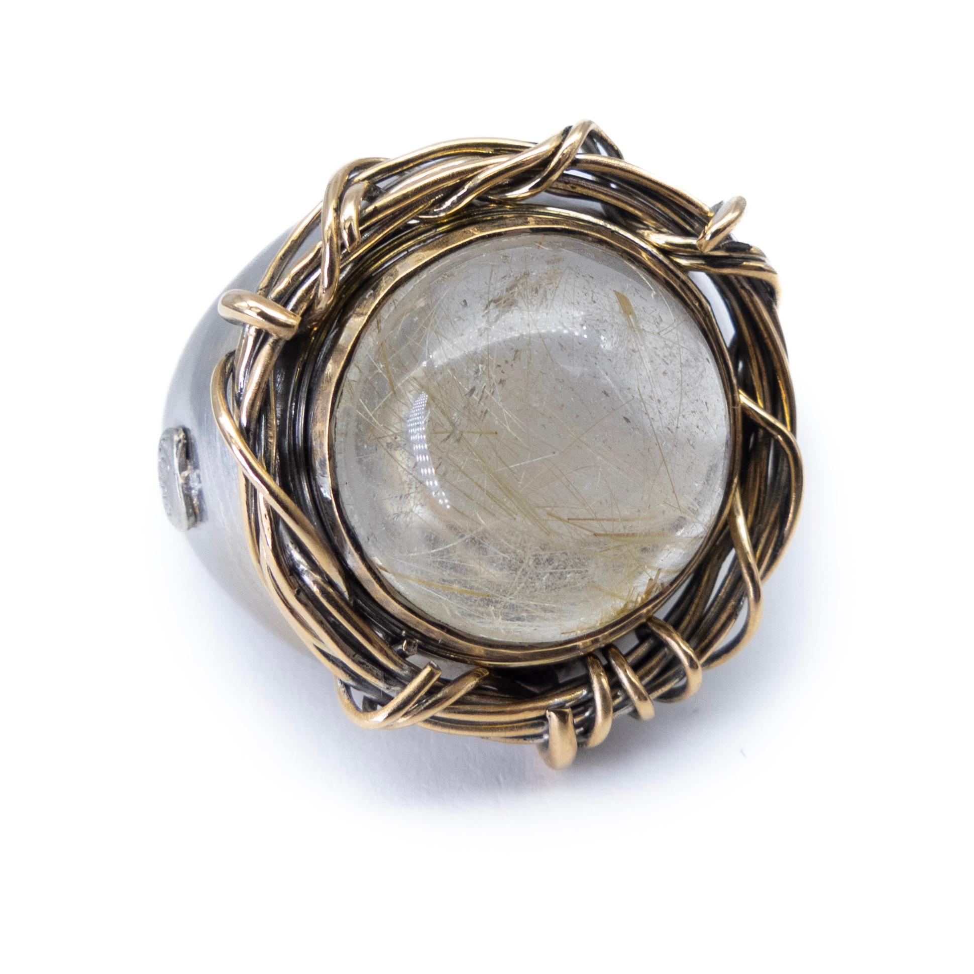Cabochon 21st Century White Yellow Gold Cocktail Ring Nest Rutilated Quartz For Sale
