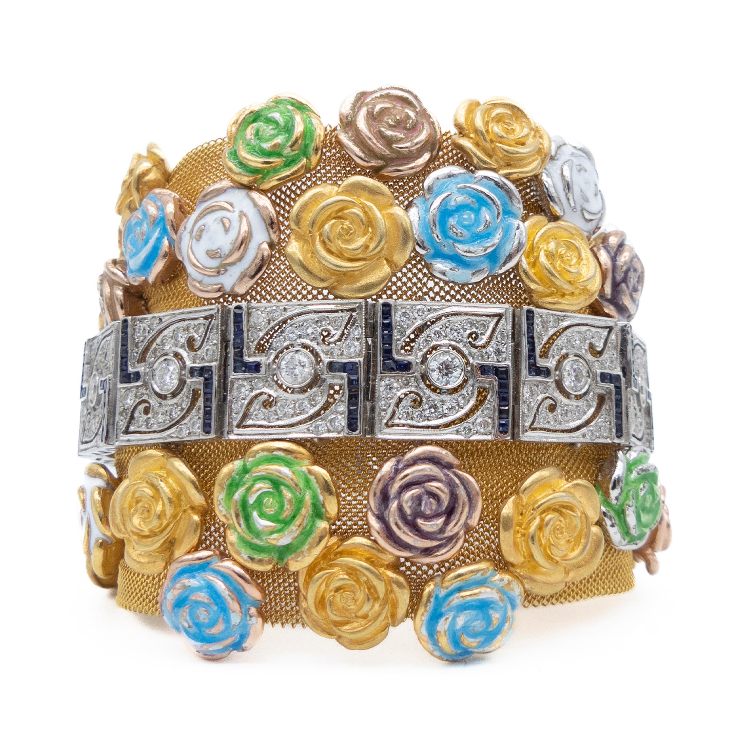 Brilliant Cut 21st Century White Gold Rivière Diamonds Sapphires Mesh Bracelet Enamel Roses For Sale