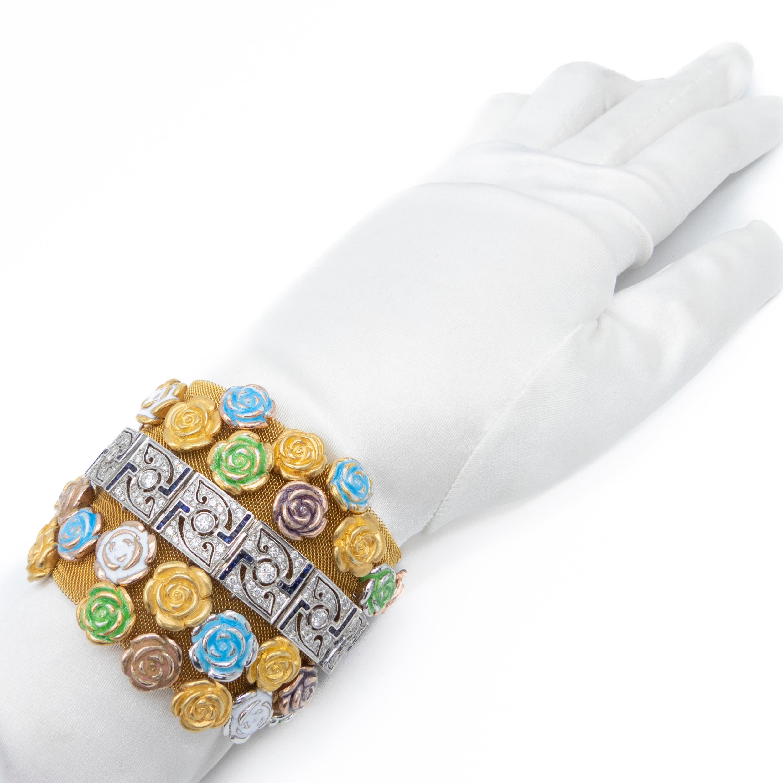 21st Century White Gold Rivière Diamonds Sapphires Mesh Bracelet Enamel Roses In New Condition For Sale In Valencia, ES