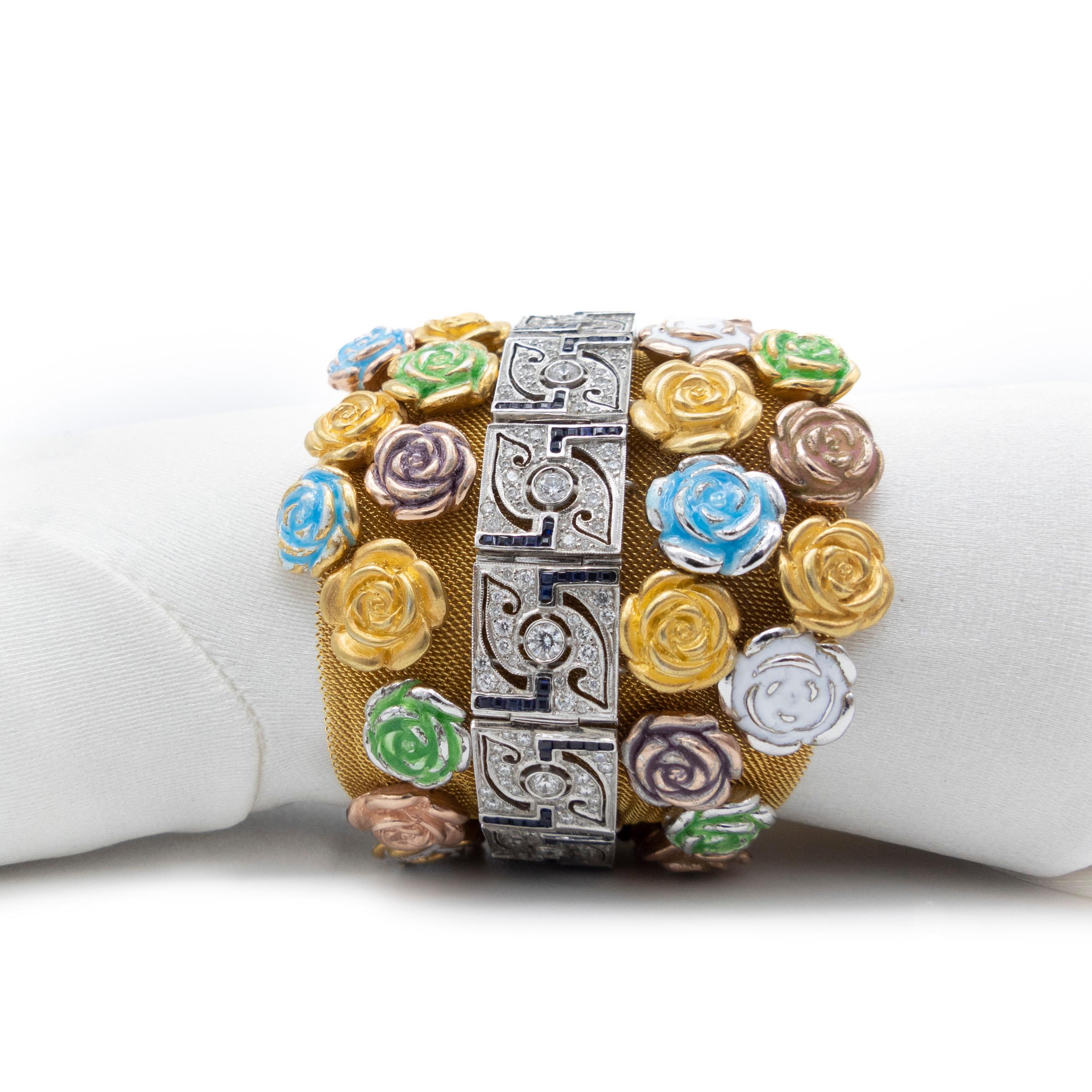Women's 21st Century White Gold Rivière Diamonds Sapphires Mesh Bracelet Enamel Roses For Sale