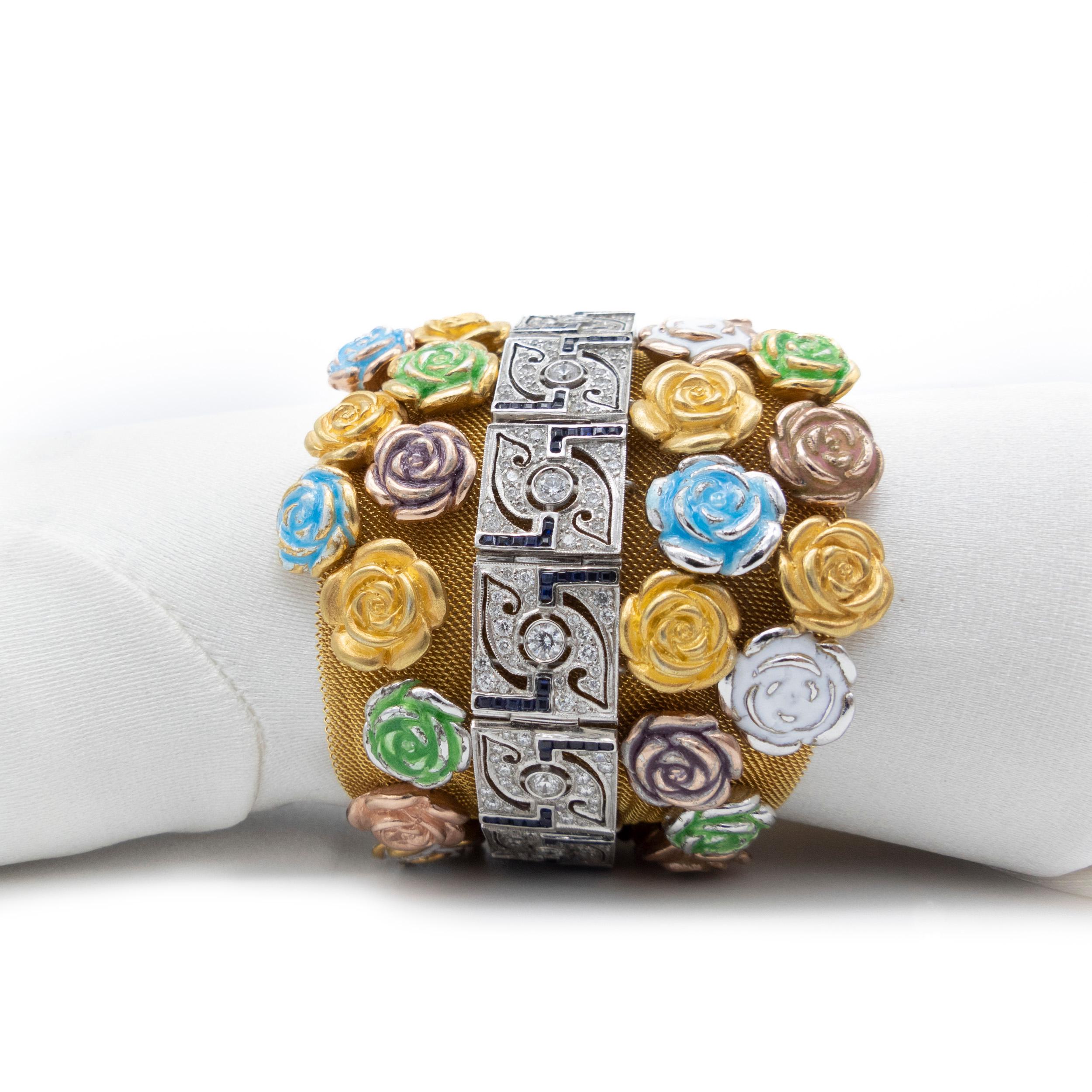 21st Century White Gold Rivière Diamonds Sapphires Mesh Bracelet Enamel Roses For Sale 1