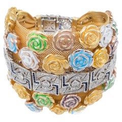 21st Century White Gold Rivière Diamonds Sapphires Mesh Bracelet Enamel Roses