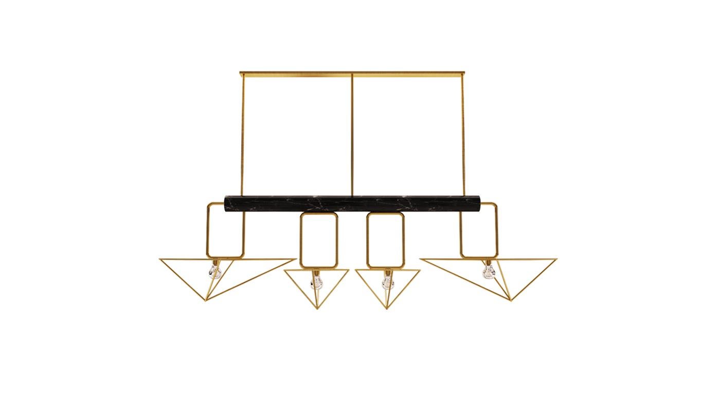 White House modern suspension lamp features a long Negro Marquina marble tube holding 4 geometric brushed brass shades of different sizes. The White House contemporary lighting piece is a different yet stylish way to decorate any modern living space.