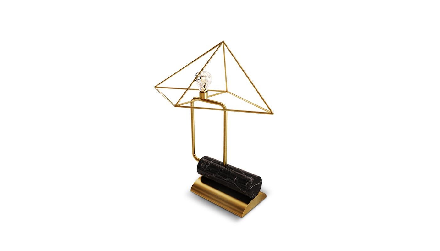 Portuguese 21st Century White House Table Lamp Negro Marquina and Brushed Brass For Sale