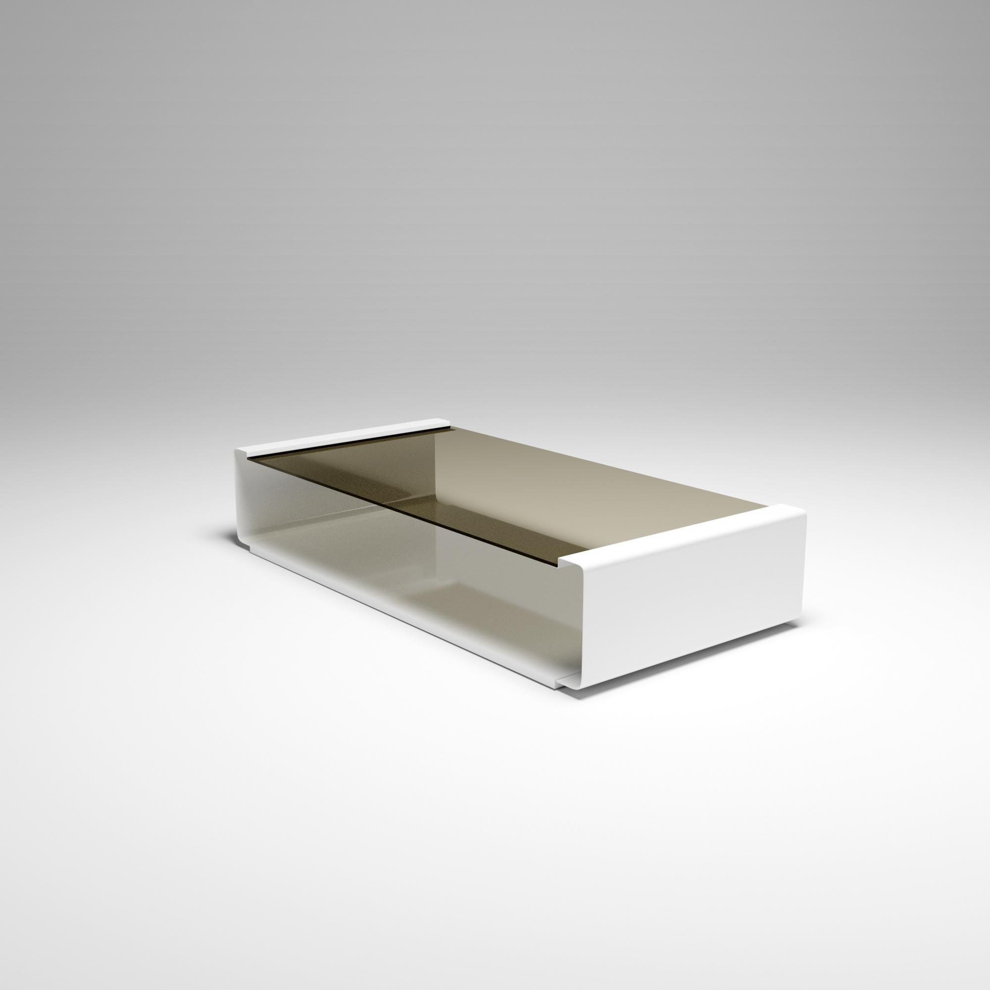 French 21st Century White Lacquered Curved Metal and Bronze Smoked Glass Low Table
