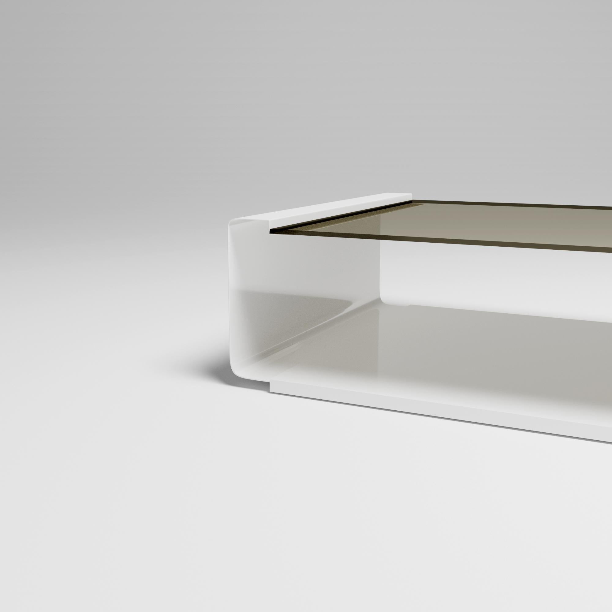 Stainless Steel 21st Century White Lacquered Curved Metal and Bronze Smoked Glass Low Table