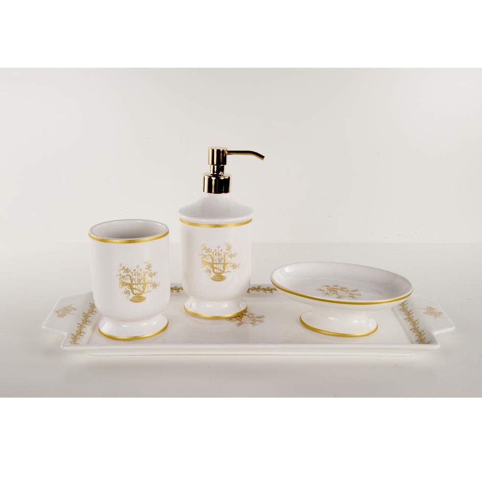 21st century white decorated porcelain tray. This tray is simple and elegance in the same time. It's avaible to combine this tray with its dispenser, glass and soap dish.
Each object is handcrafted and the care for every detail makes each item
