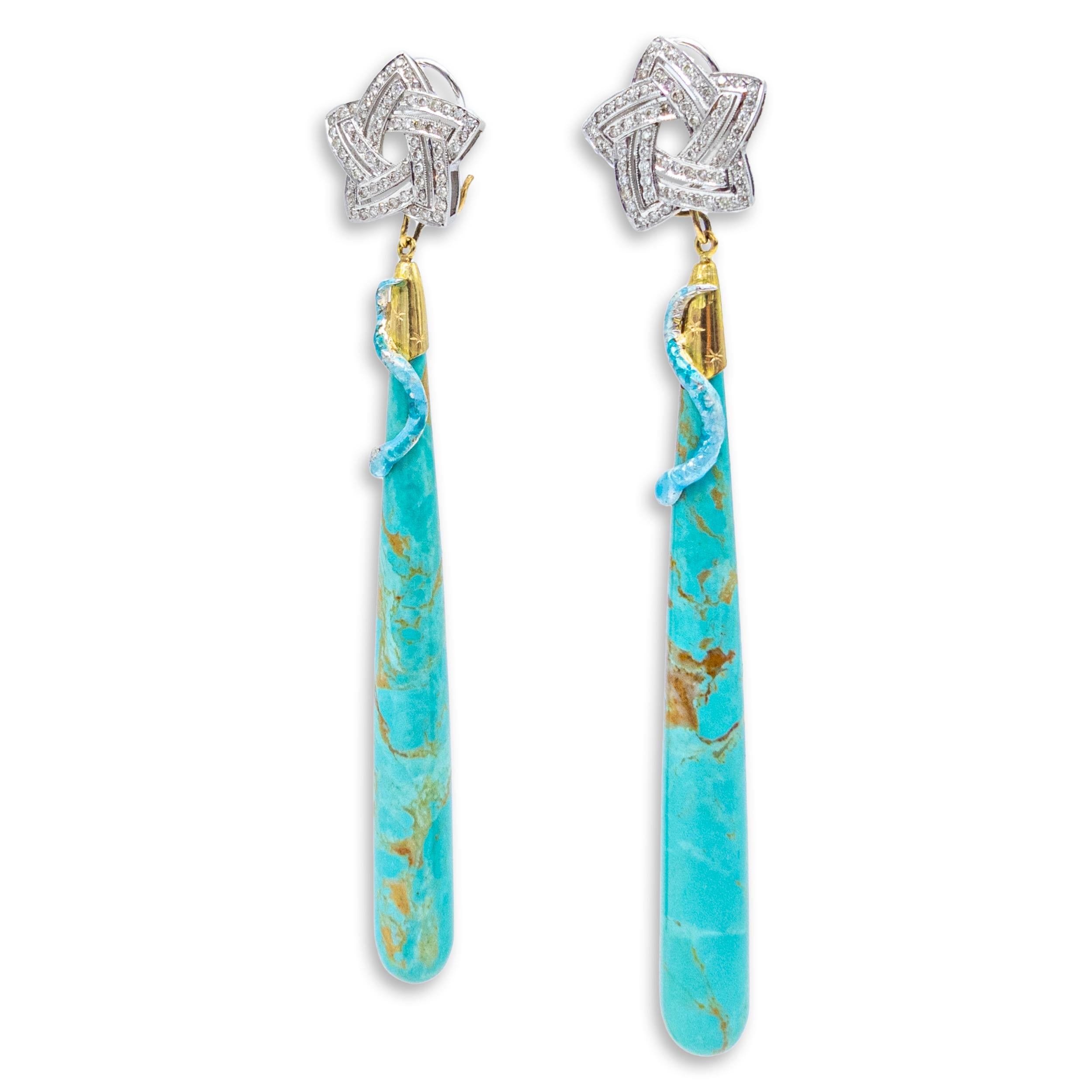 21st Century White Yellow Gold Blue Turquoise Star Diamonds Silver Enamel snakes

Earrings made of white gold, 18 Karat gold, enameled silver, diamonds and two blue turquoise drop-shaped. The top star is removable, so you can wear only the top part.