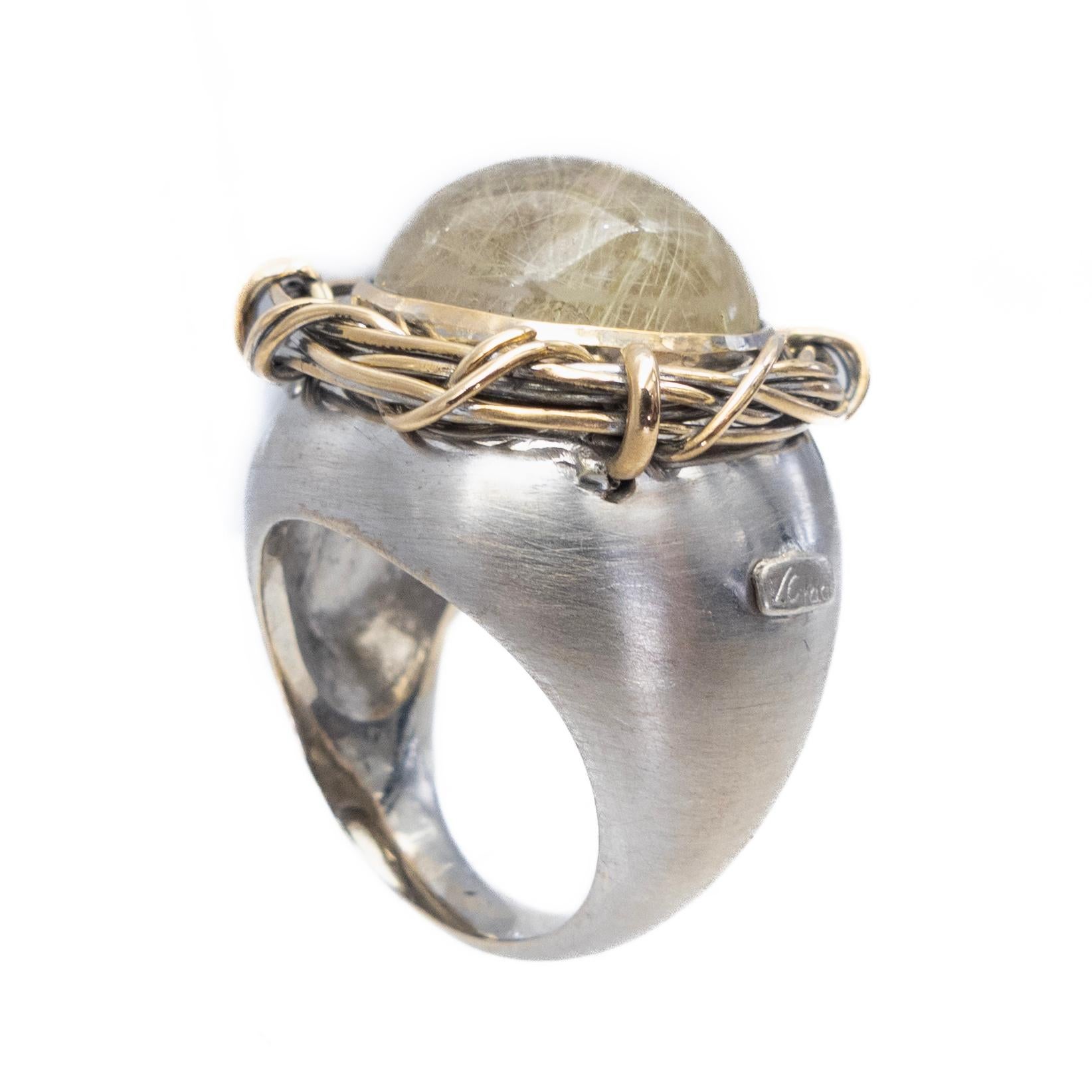 21st Century White Yellow Gold Cocktail Ring Nest Rutilated Quartz In New Condition For Sale In Valencia, ES