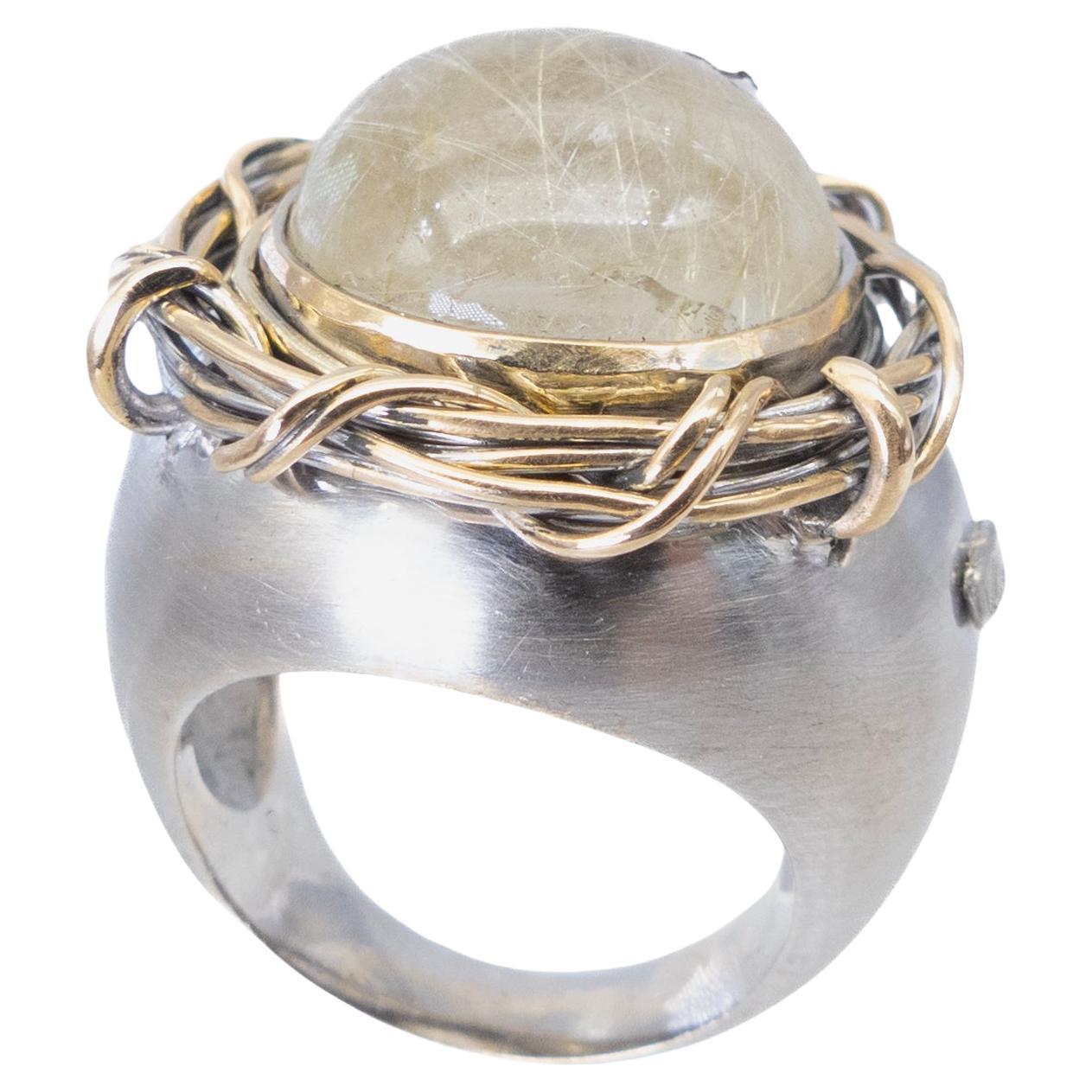 21st Century White Yellow Gold Cocktail Ring Nest Rutilated Quartz