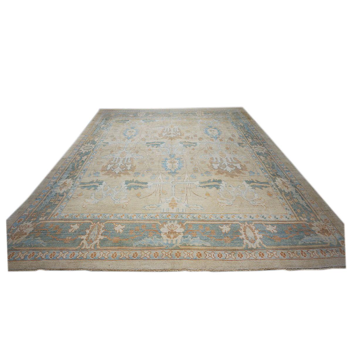 Hand-Woven 21st Century William Morris Donegal Carpet 11x15 Tan, Light Blue and Orange Rug For Sale