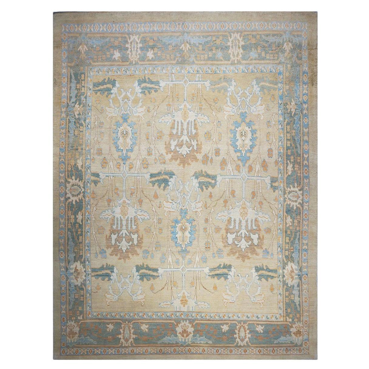 Tapis William Morris Donegal du 21e siècle 11x15, brun clair, bleu clair et orange