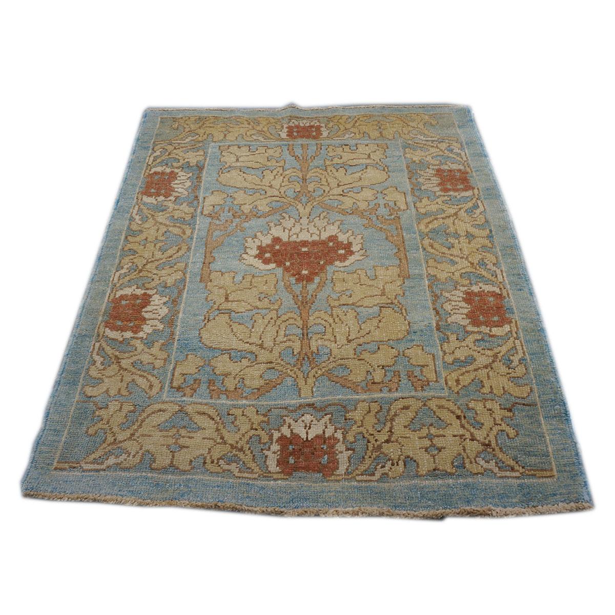 Turkish 21st Century William Morris Donegal Carpet 4.4x5.7 Light Blue, Tan, & Rust For Sale