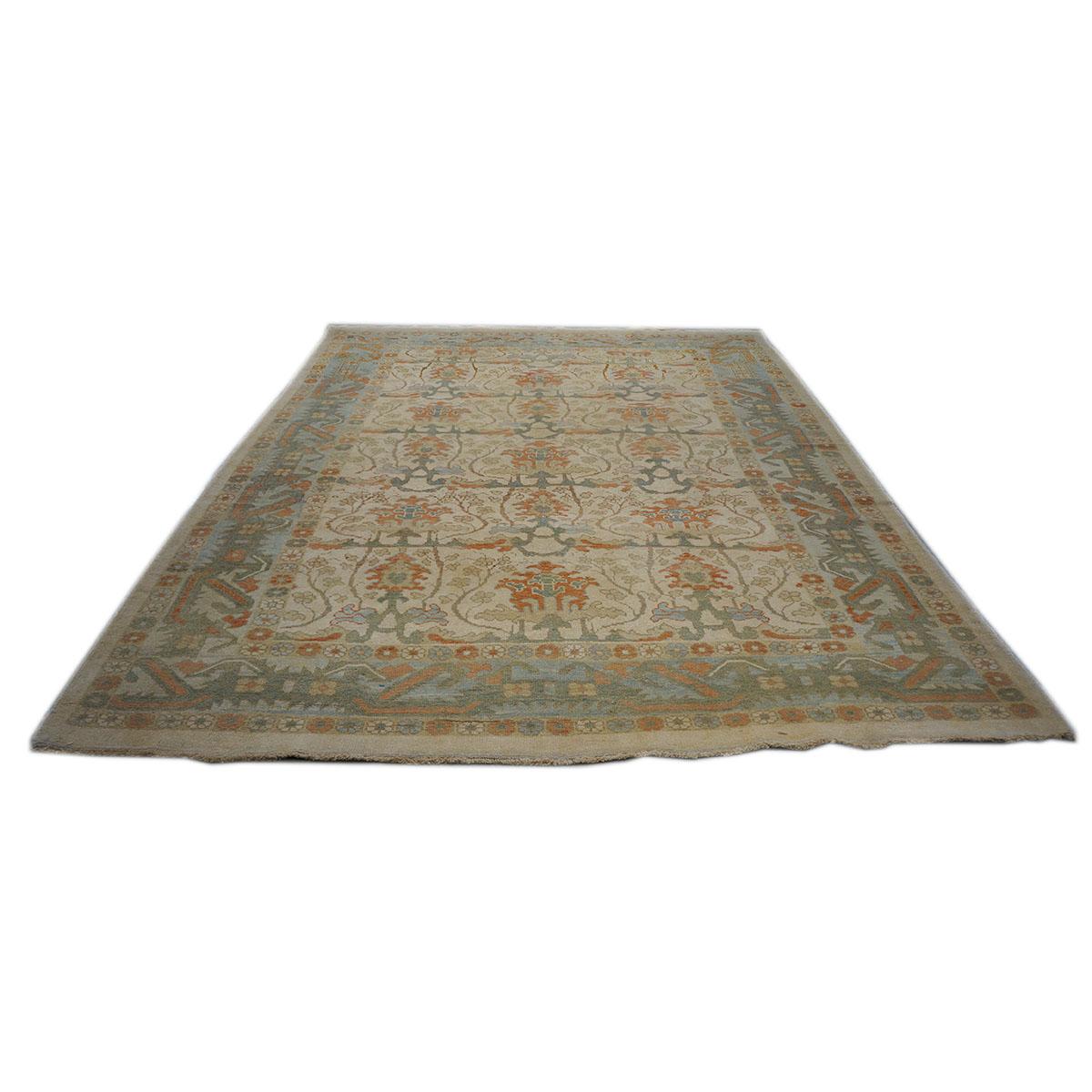 Oushak 21st Century William Morris Donegal Carpet 10x13 Tan & Blue Handmade Area Rug For Sale