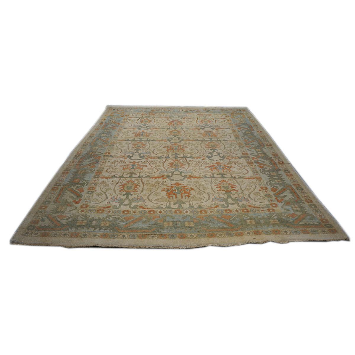William Morris Donegal-Teppich des 21. Jahrhunderts, 10x13, Hellbraun & Blau, handgefertigt (Oushak) im Angebot