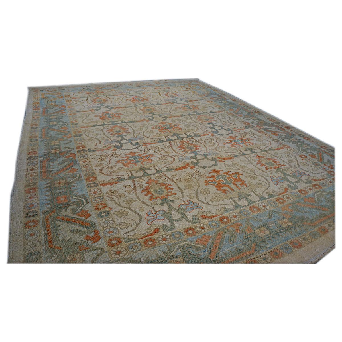 Turkish 21st Century William Morris Donegal Carpet 10x13 Tan & Blue Handmade Area Rug For Sale