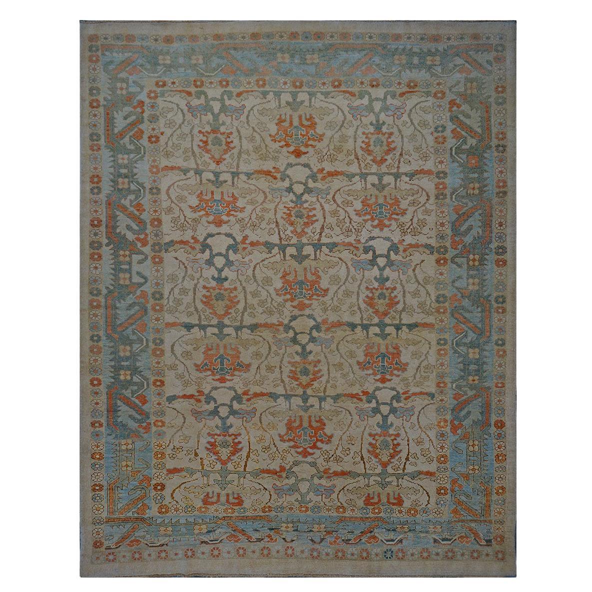 21st Century William Morris Donegal Carpet 10x13 Tan & Blue Handmade Area Rug For Sale