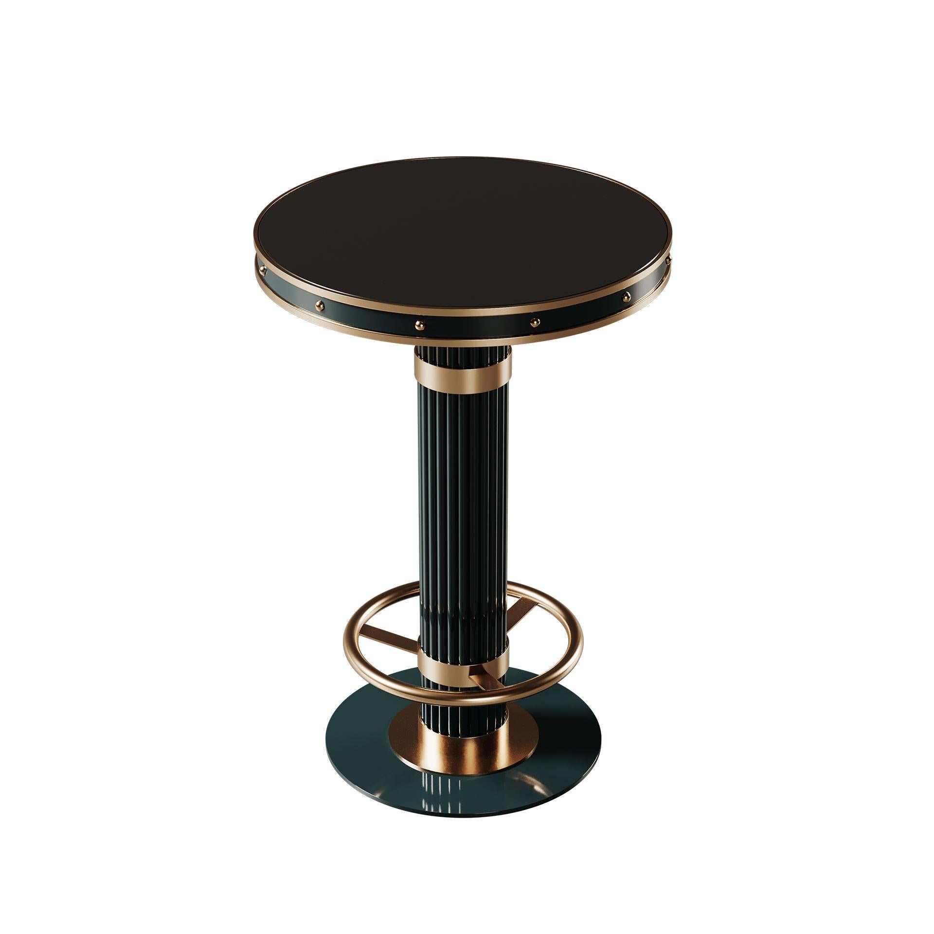 Structured in lacquered metal, and featuring a lacquered glass tabletop and brushed brass details, which highlights its sophisticated contemporary design. Picking out a bar table that fits well with your project decor elevates the entire setting,