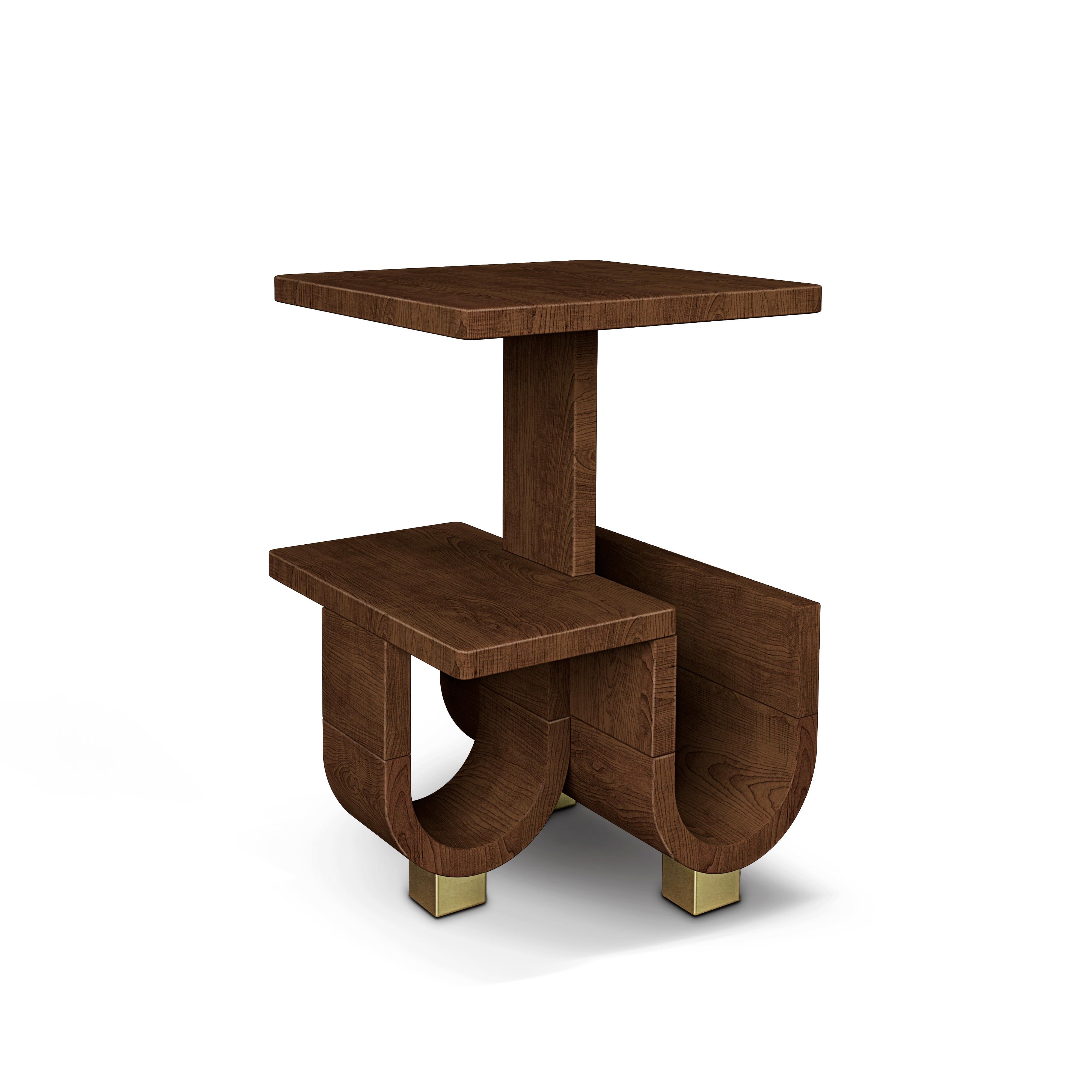 Portuguese 21st Century Wodehouse Wooden Side Table Walnut Wood Polished Brass