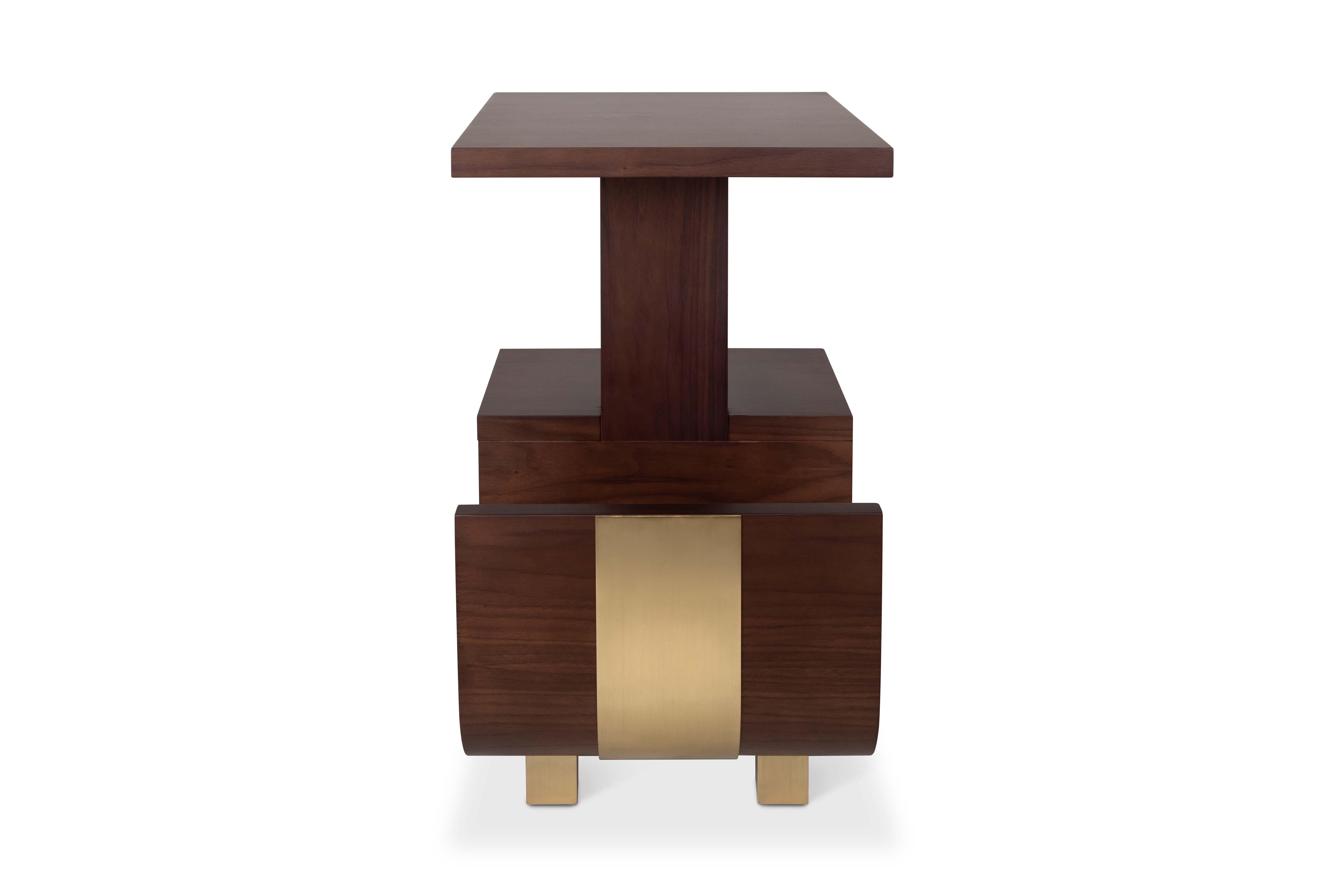 21st Century Wodehouse Wooden Side Table Walnut Wood Polished Brass For Sale 1