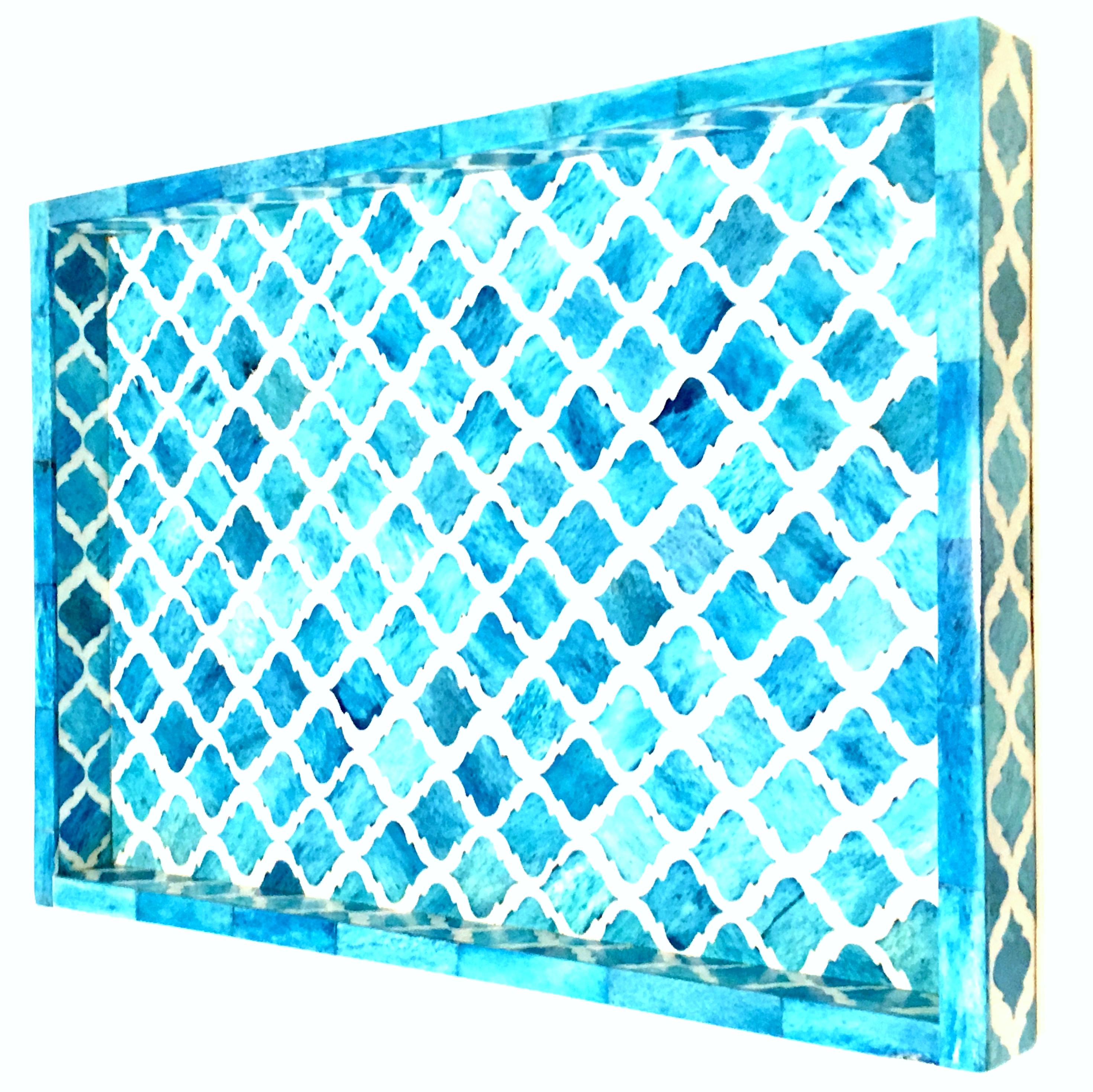 21st Century wood and bone inlay tray and two lidded boxes set of three pieces. Set includes a large rectangular geometric patterned wood and bone inlay tray and two turquoise died dimensional mosaic lidded wood boxes. Made In