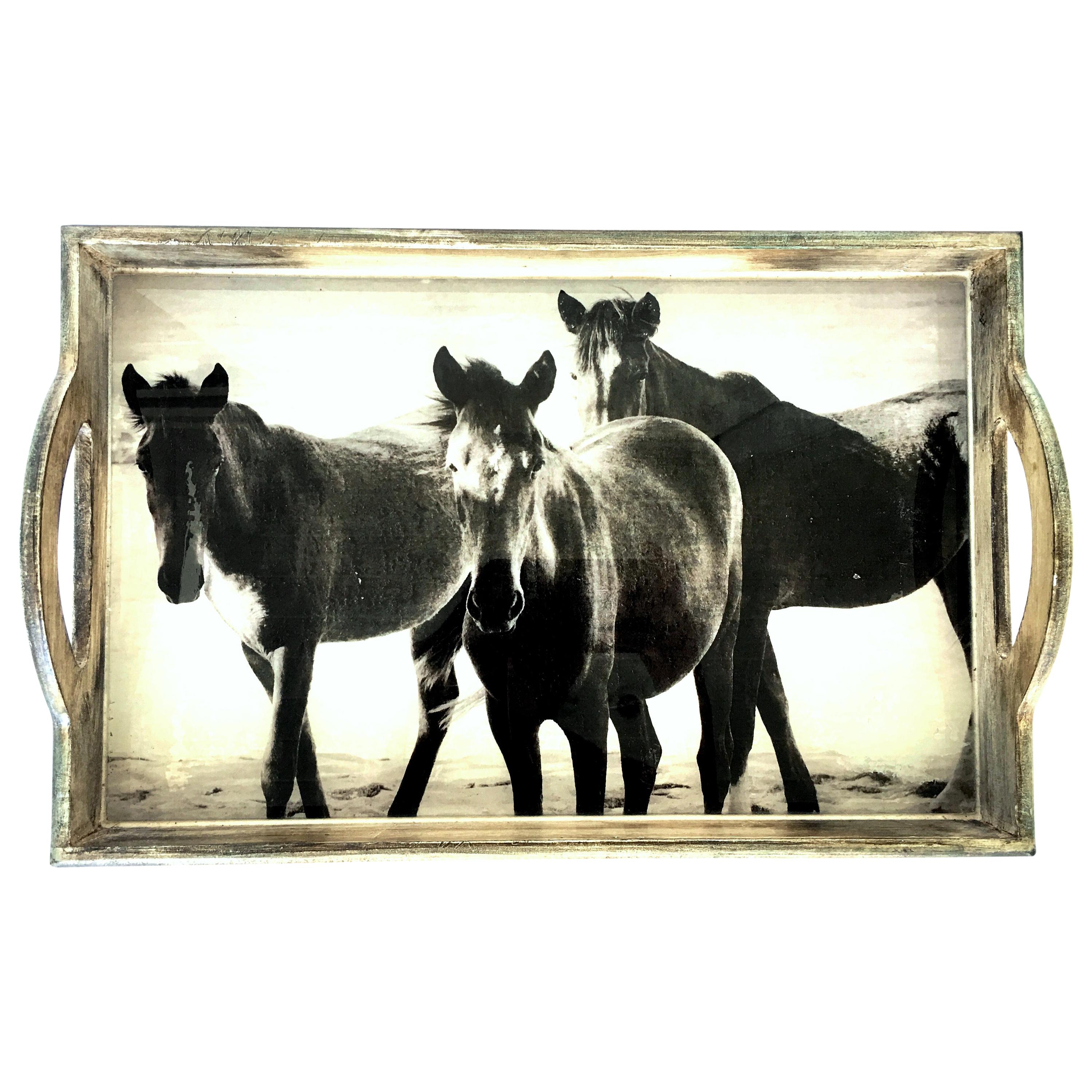 21st Century Wood and Glass Handle "Horse" Tray