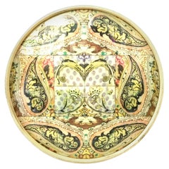21st Century Wood and Printed Linen Round Handled Lazy Susan Center Tray