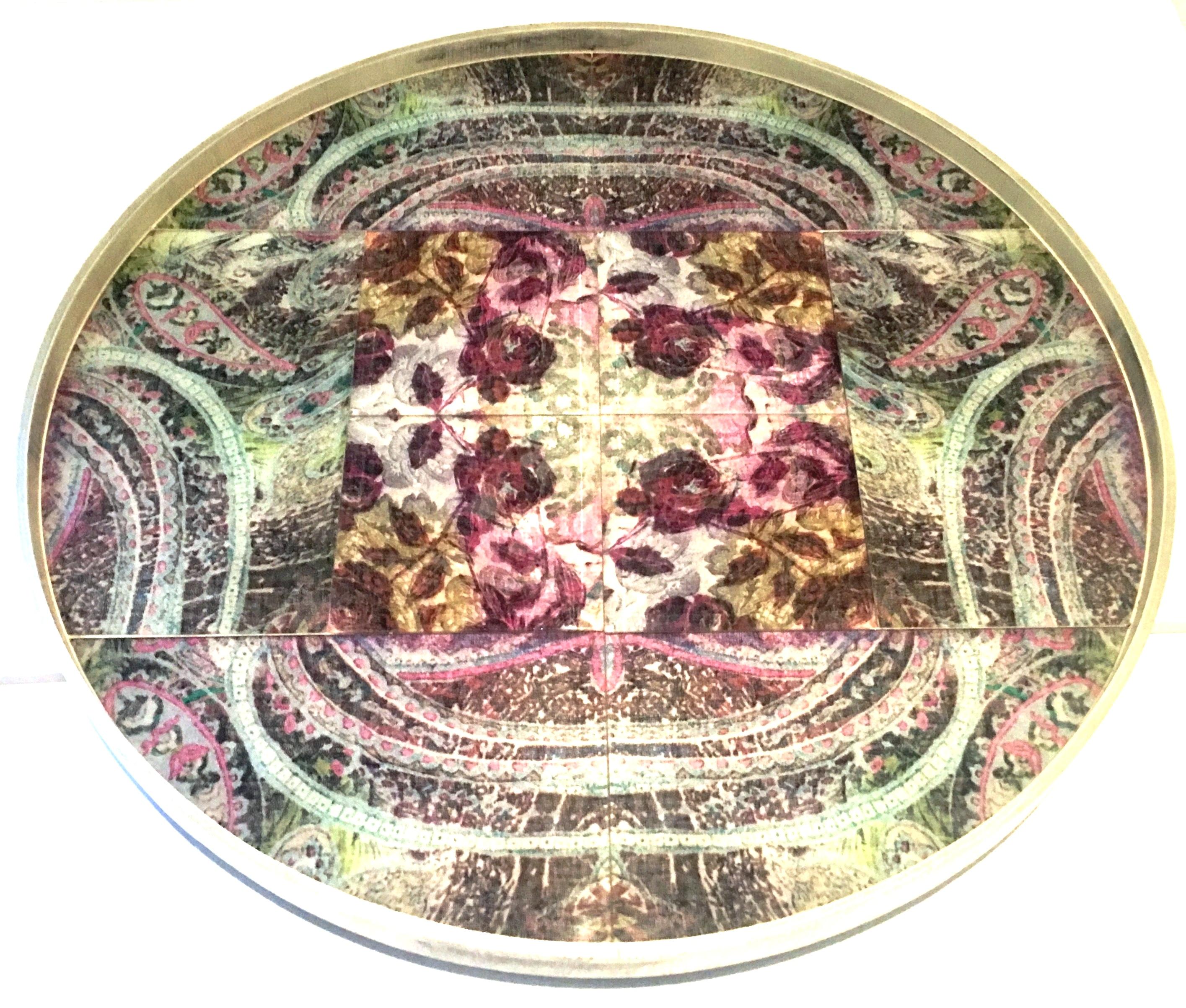 21st century and new monumental wood, glass and printed linen round lazy Susan center tray. This finely crafted piece features a wood base with intentional distressed natural finish with paisley printed linen under pillowed glass tile. The rotating