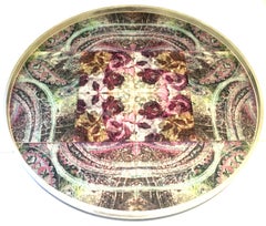 21st Century Wood and Printed Linen Round Handled Lazy Susan Center Tray