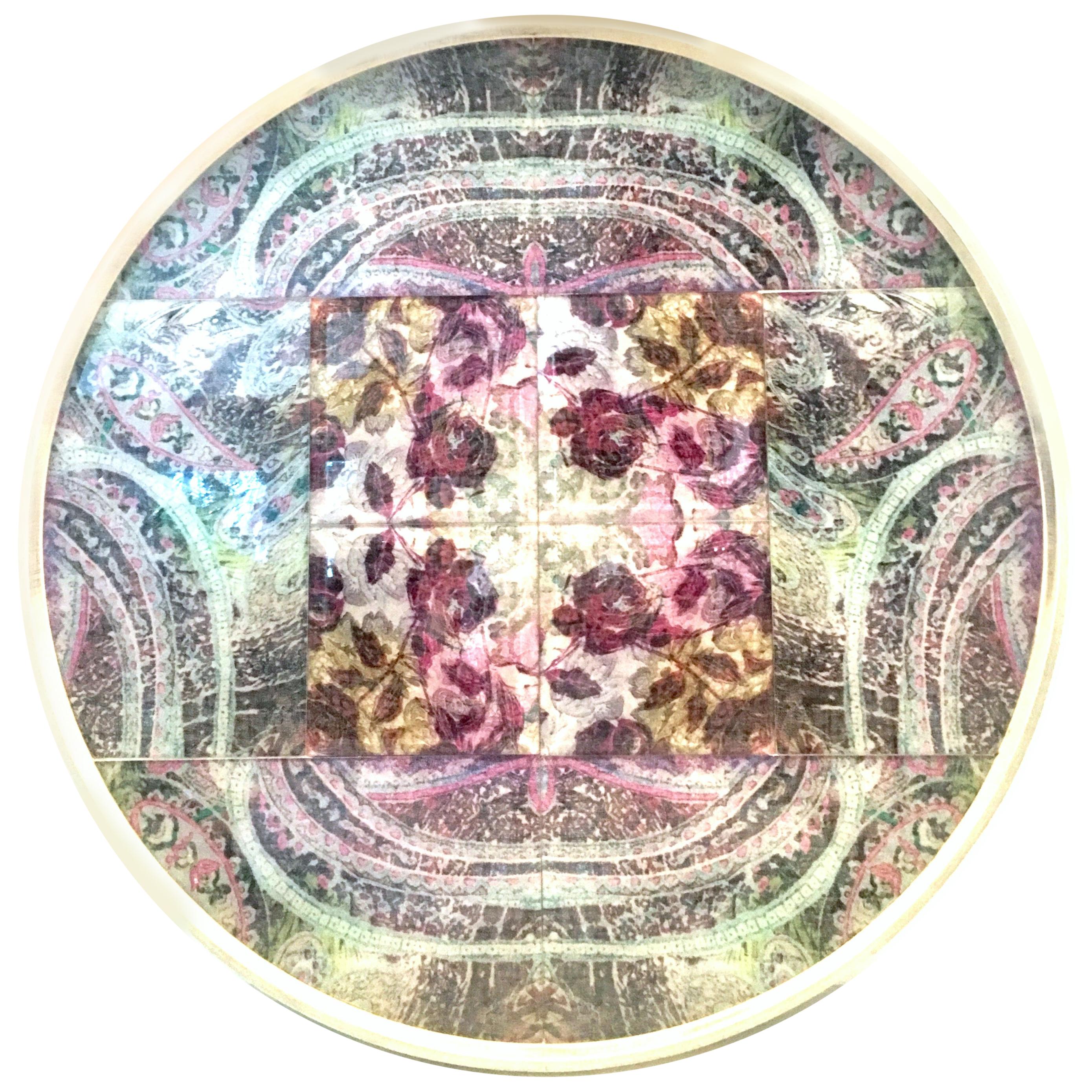 21st Century Wood 
Printed Linen Round Handled Lazy Susan Center Tray For Sale